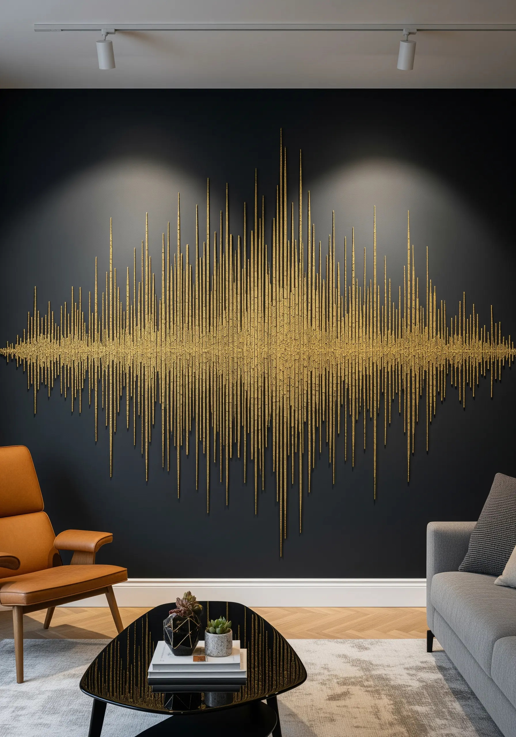 A massive wall art piece depicting a soundwave, created with dense vertical gold stitches.