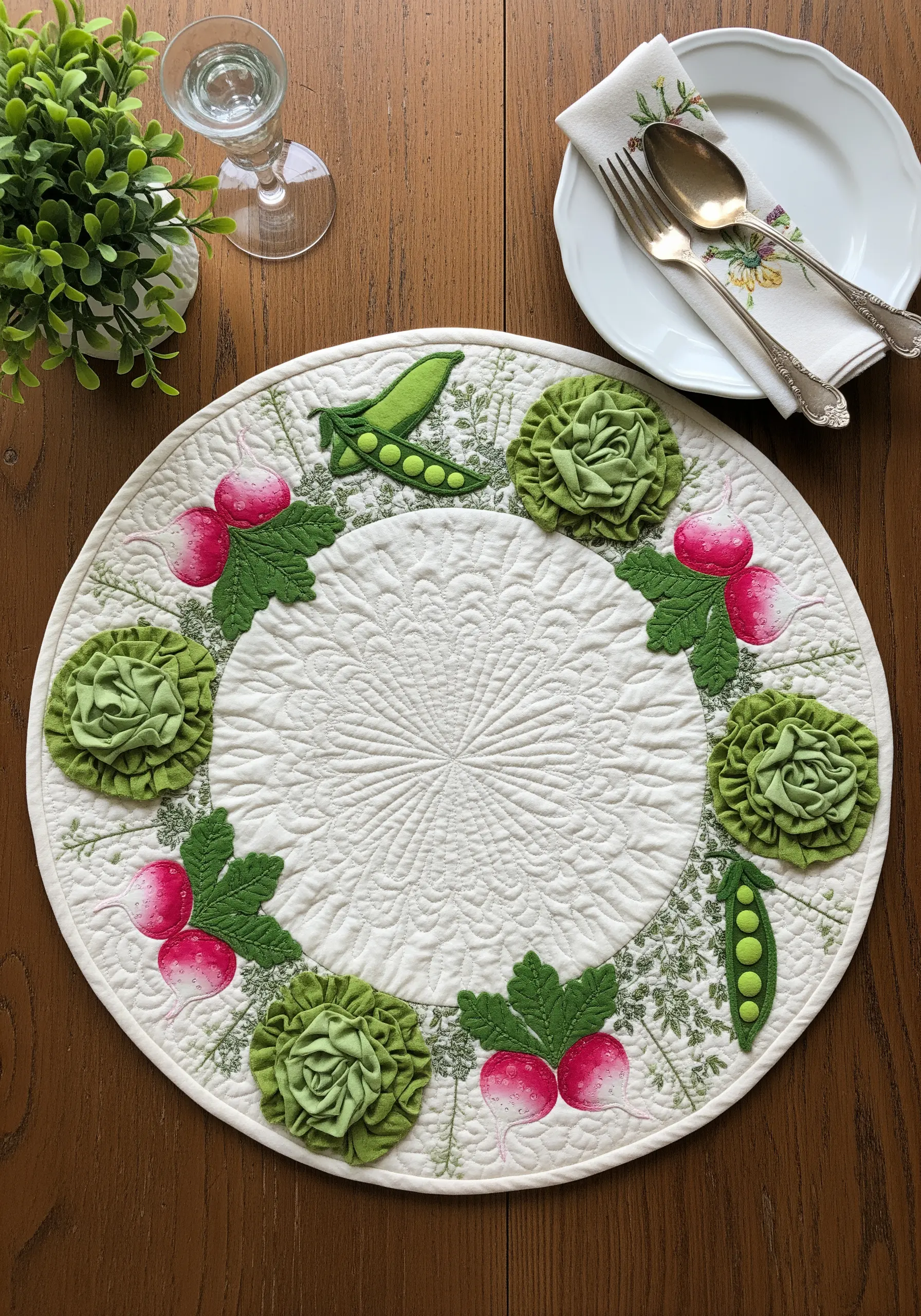 A quilted placemat with dimensional rosettes made from gathered green fabric.