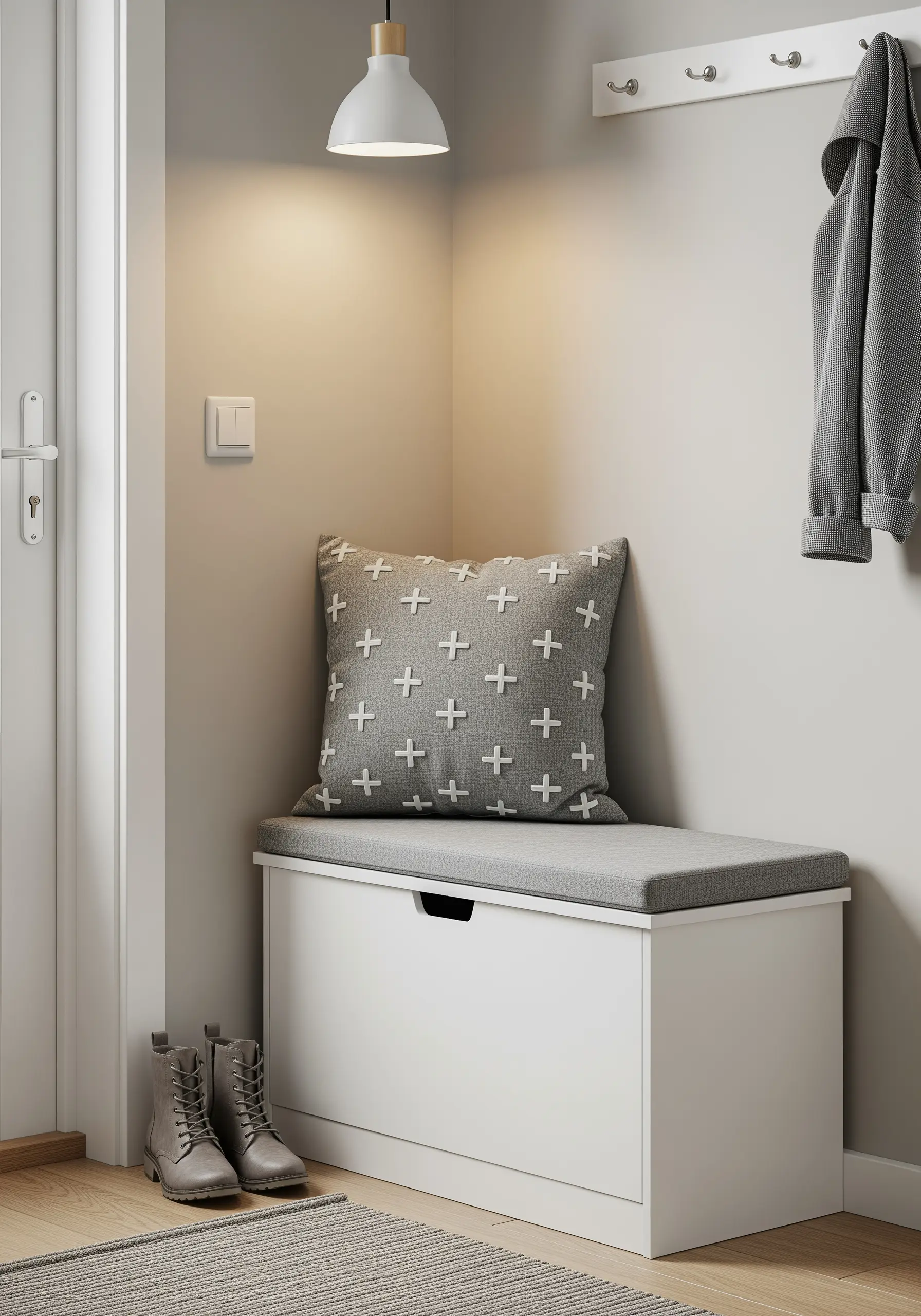 A grey pillow decorated with a repeating pattern of white embroidered plus signs.