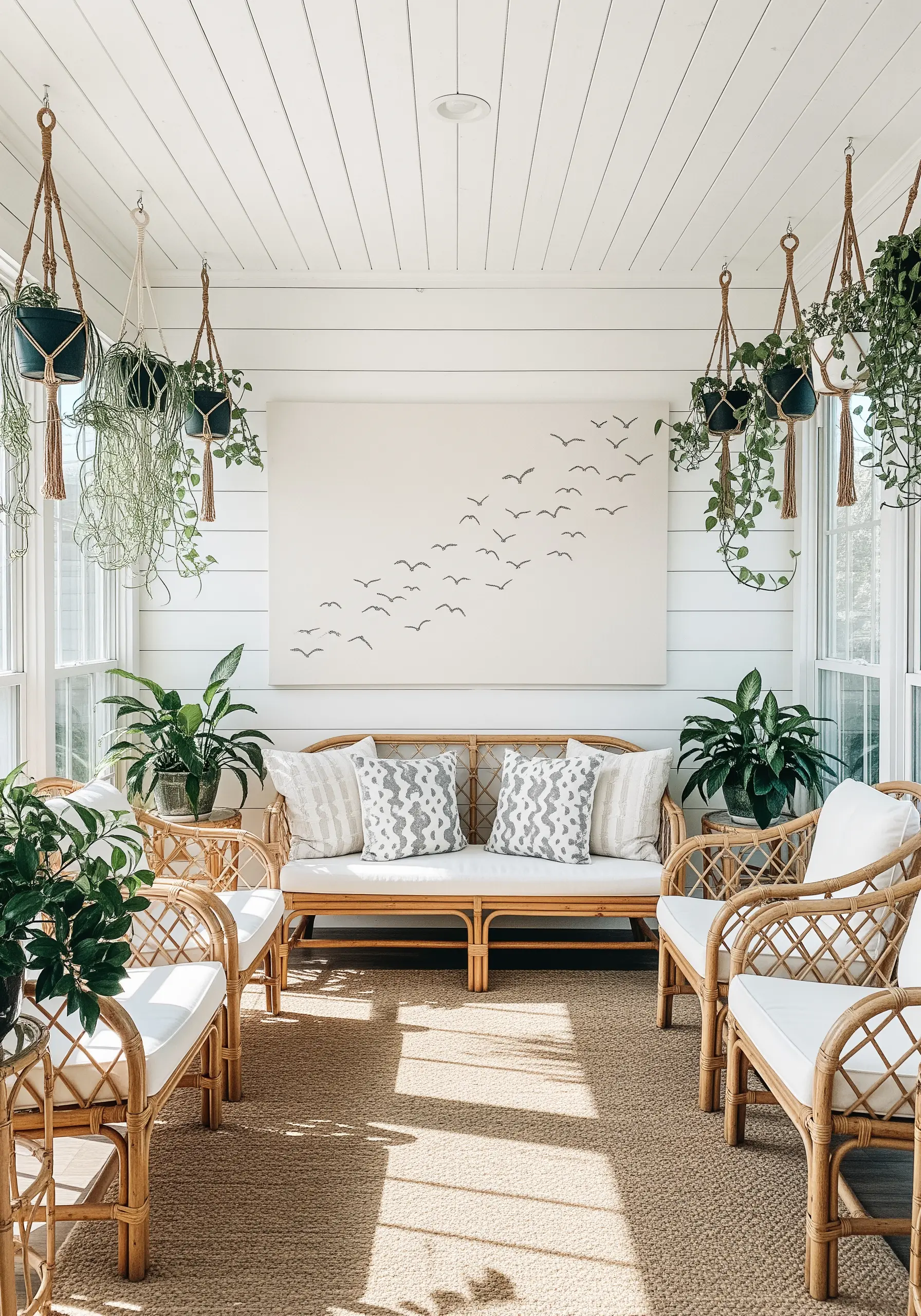 A minimalist embroidery on a wide canvas showing a flock of birds in flight.