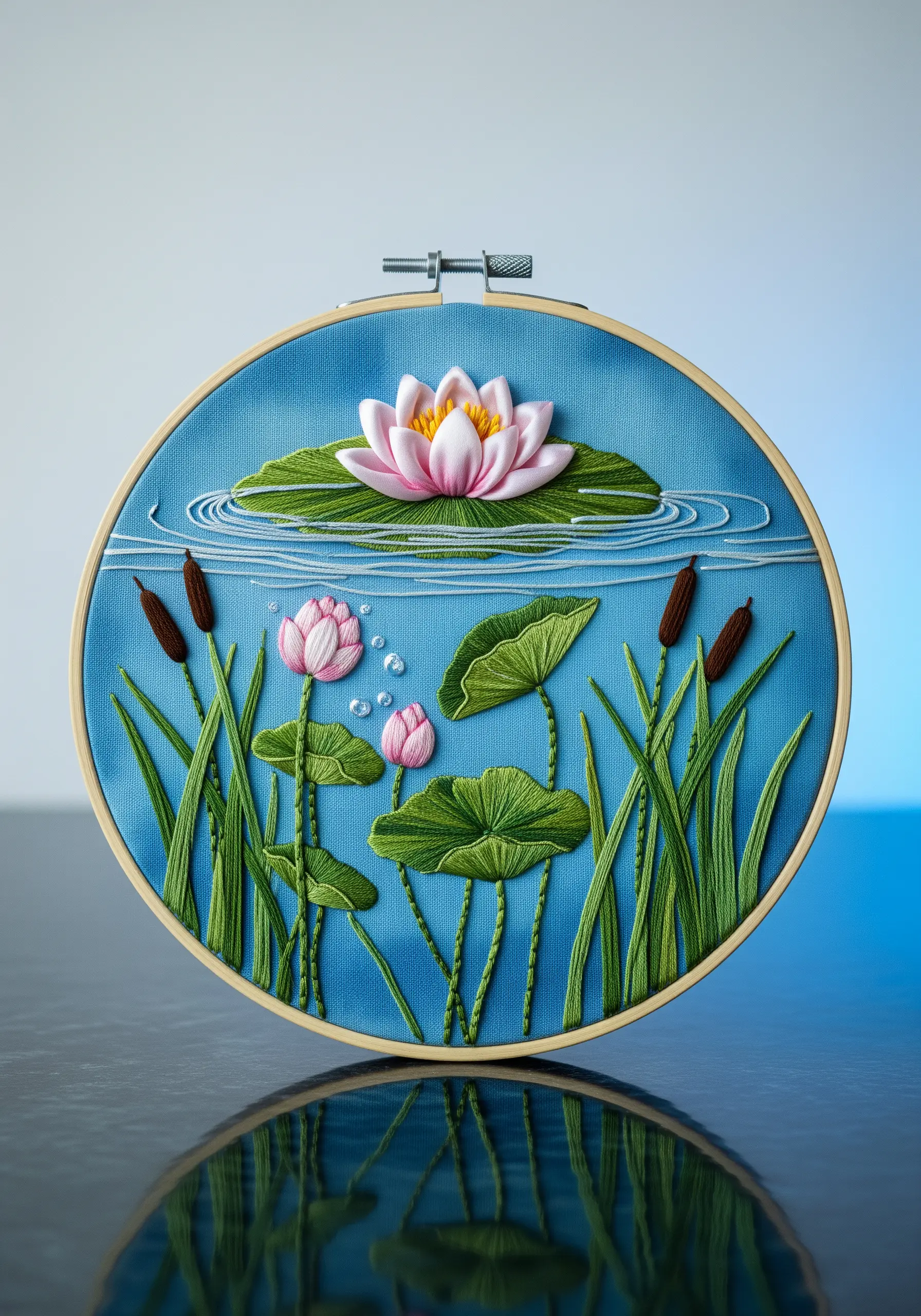 A serene pond scene embroidery with a 3D water lily, pads, and reeds on blue fabric.