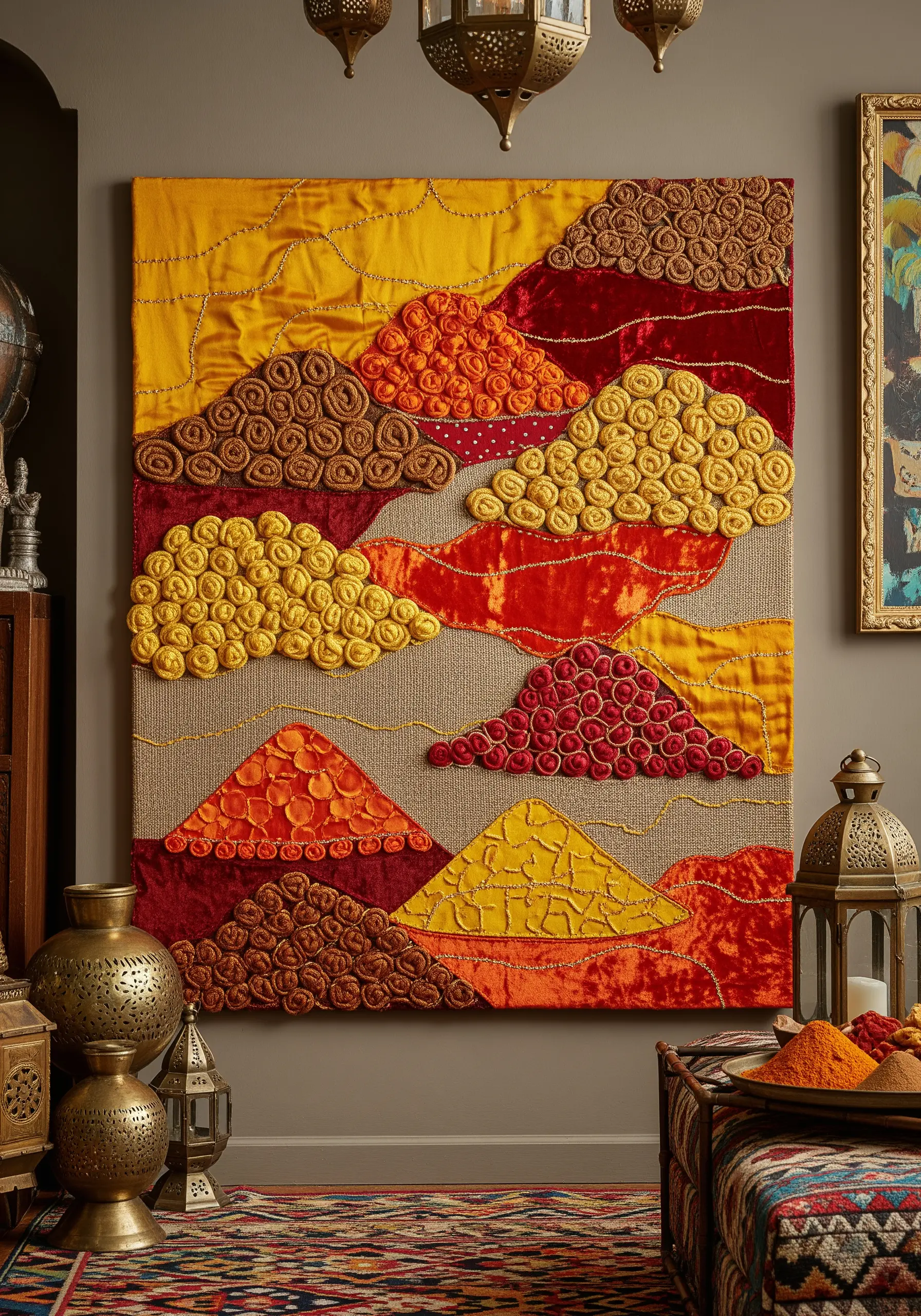 Textural wall art with hills made of clustered fabric yo-yos in warm spice tones.