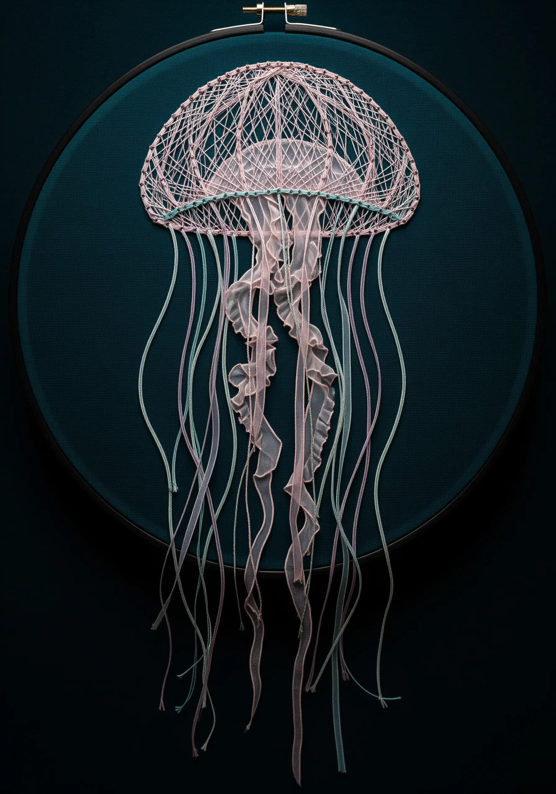 Ethereal jellyfish embroidery with a thread-work bell and translucent ribbon tentacles.