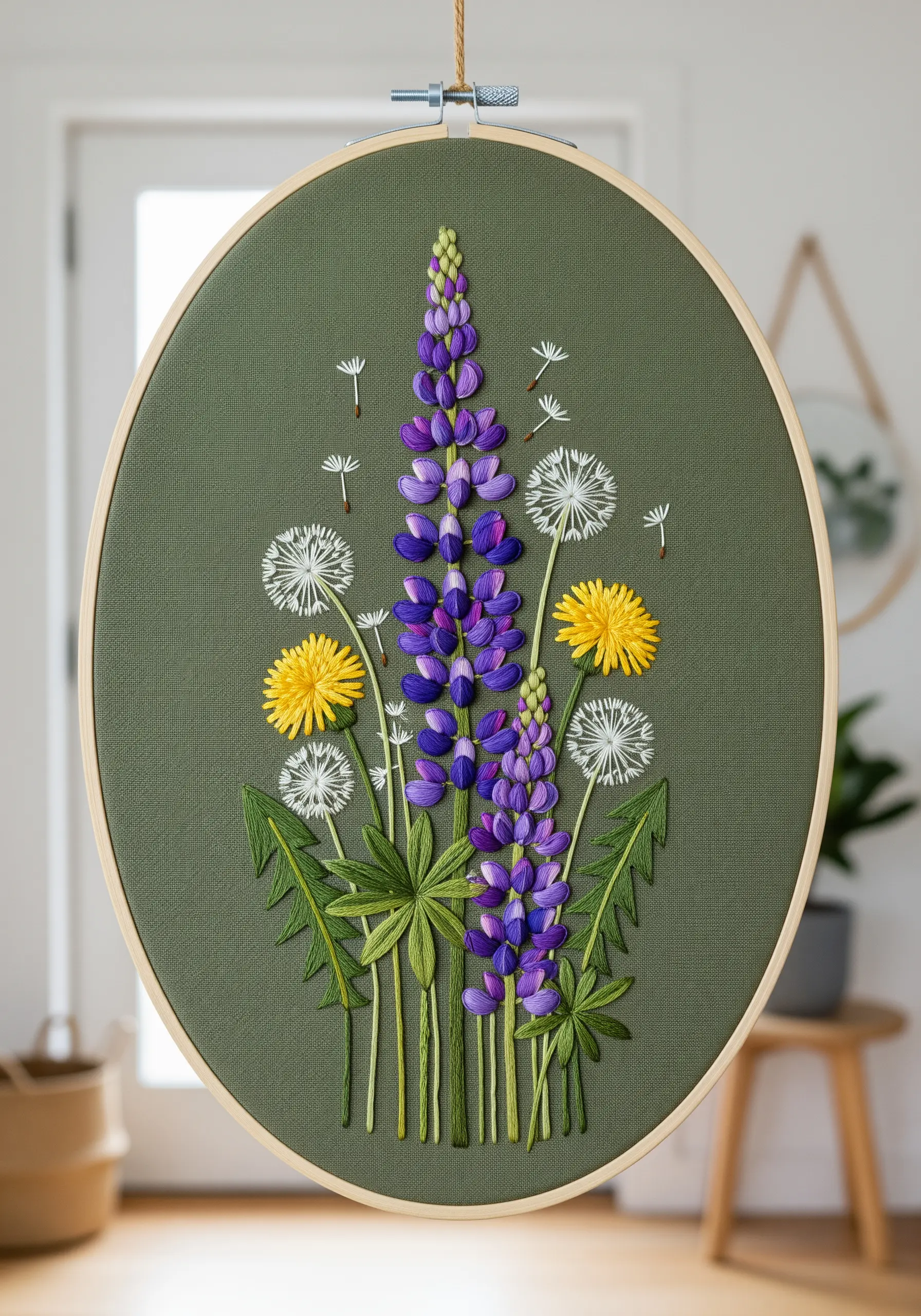 Purple lupines and dandelions embroidered in an oval hoop against an olive green background.