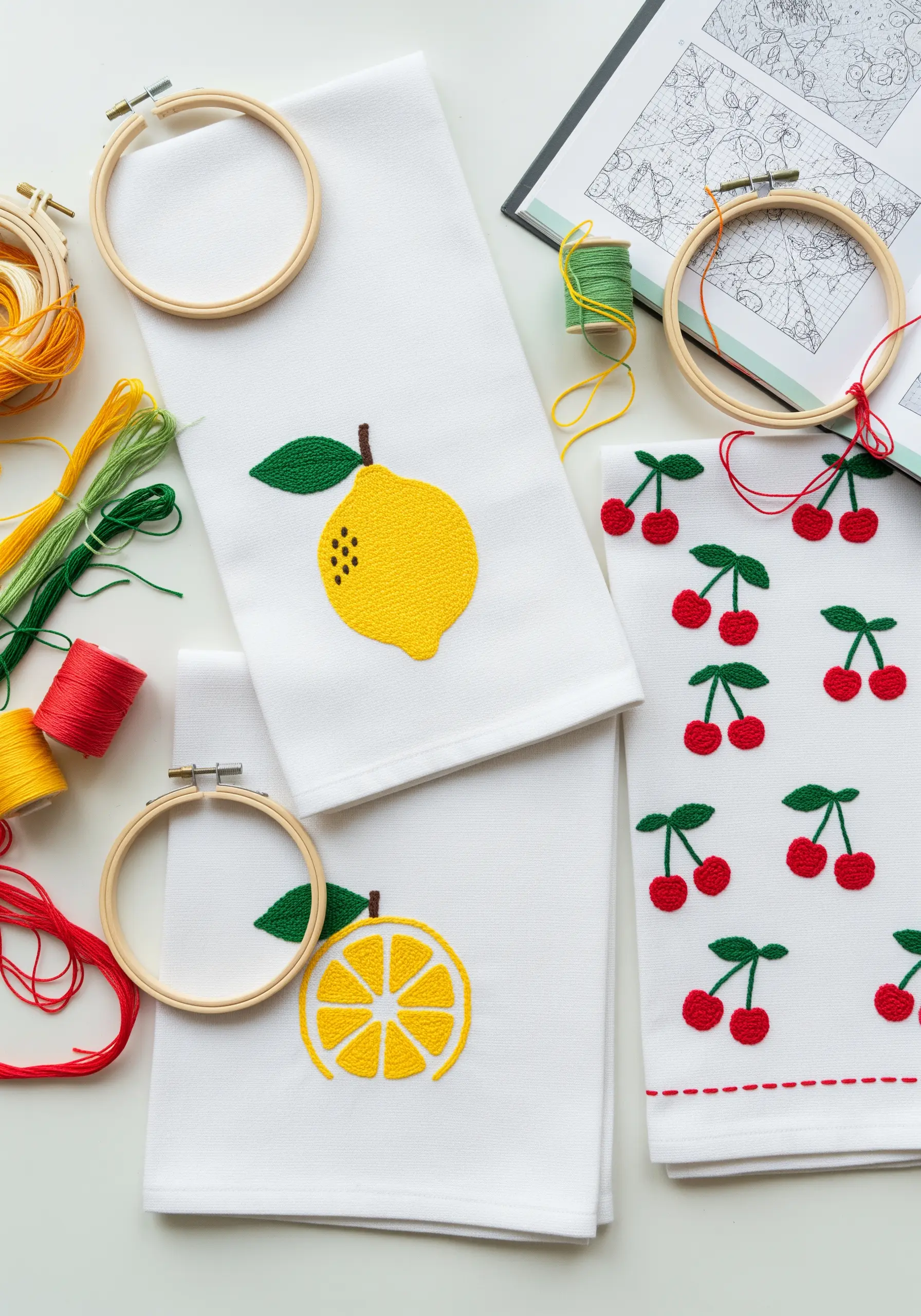 White kitchen towels embroidered with bright, cheerful lemons and cherries.