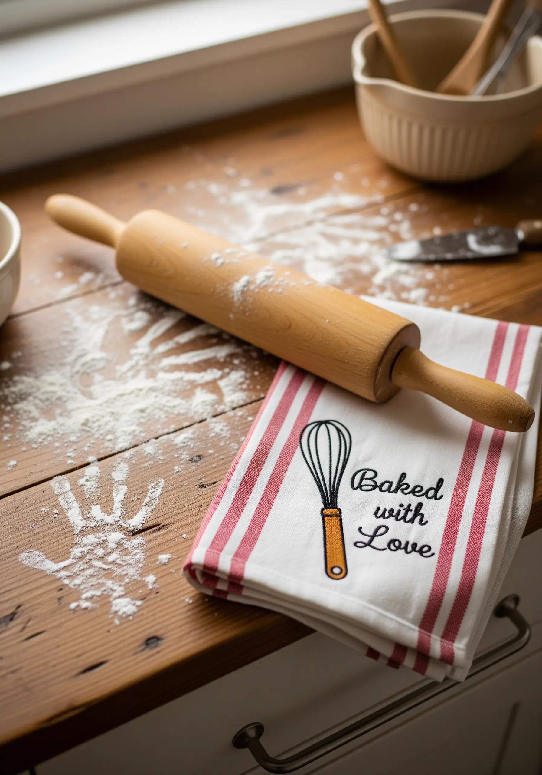 The phrase 'Baked with Love' embroidered on a striped towel next to a whisk.