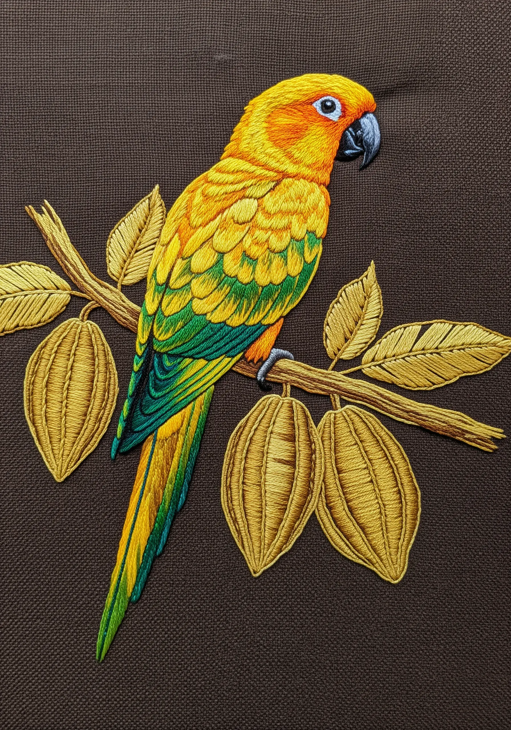 A yellow and green sun conure parrot on a branch, embroidered on dark brown fabric.