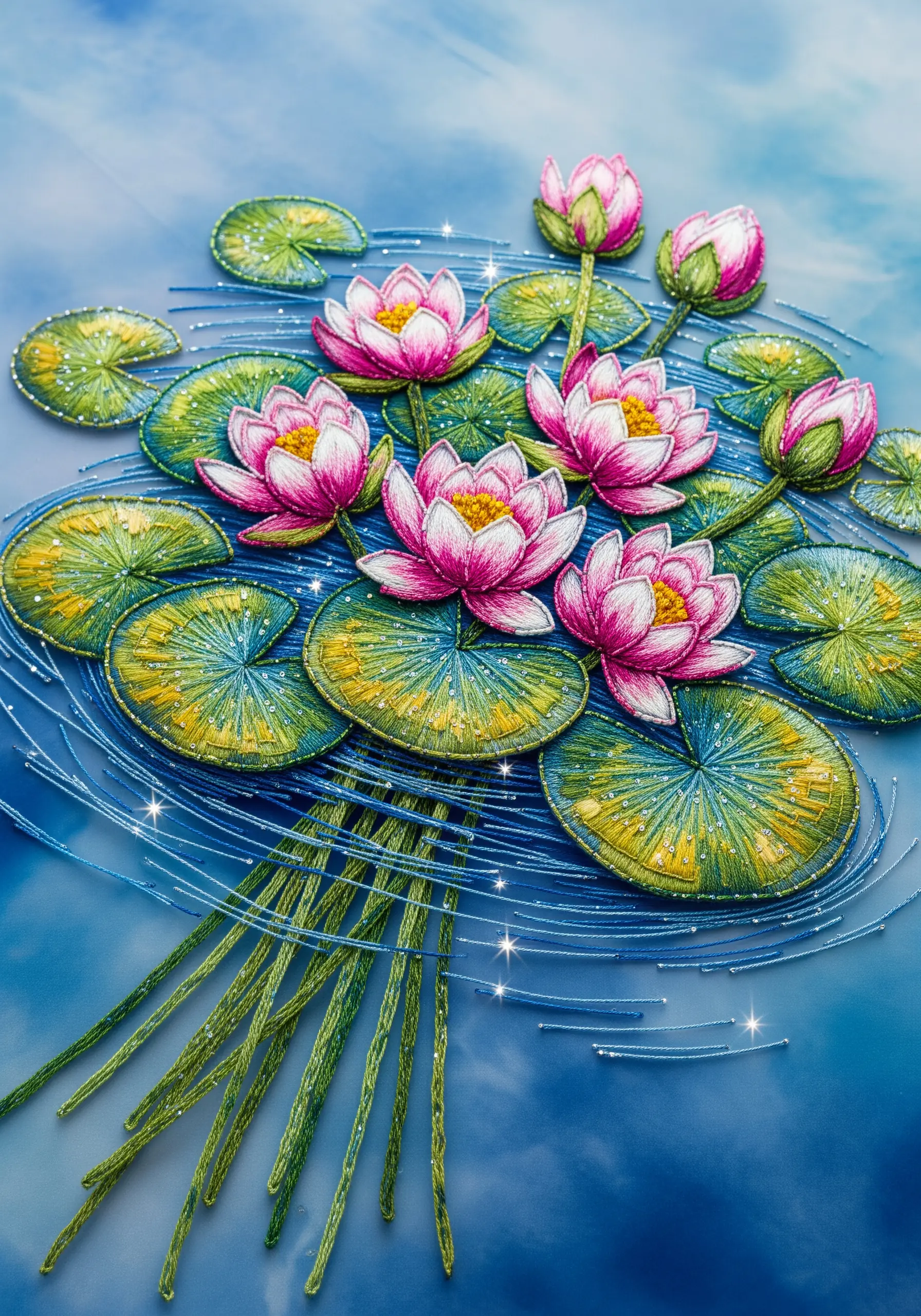 An embroidered scene of pink water lilies on green pads, surrounded by shimmering blue water.