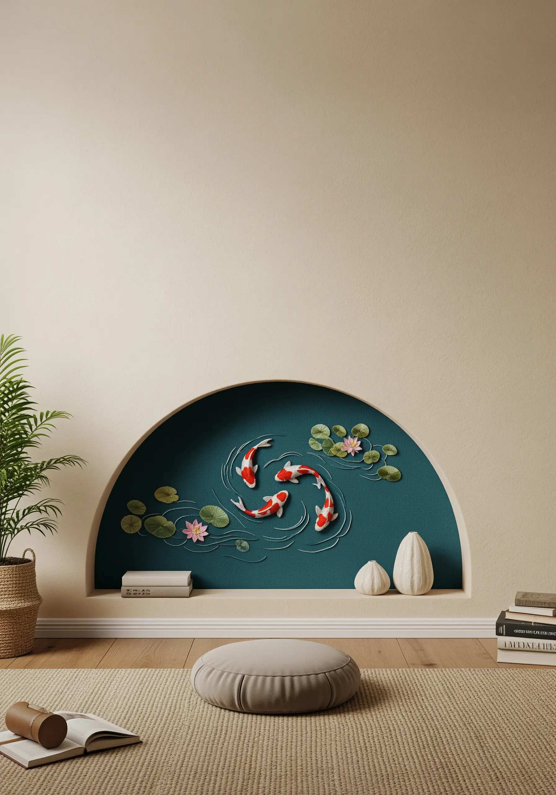Embroidered koi fish swimming in a pond, stitched inside a semi-circular wall niche.