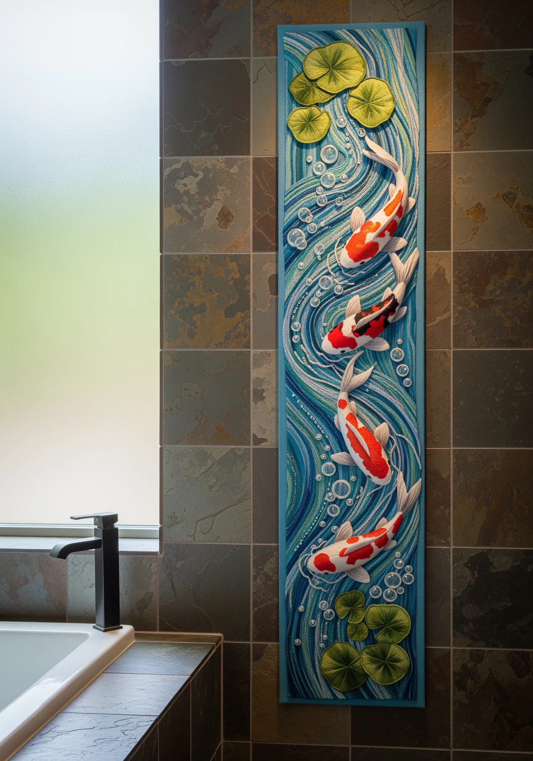 A tall, narrow embroidered panel of koi fish swimming in stylized blue water