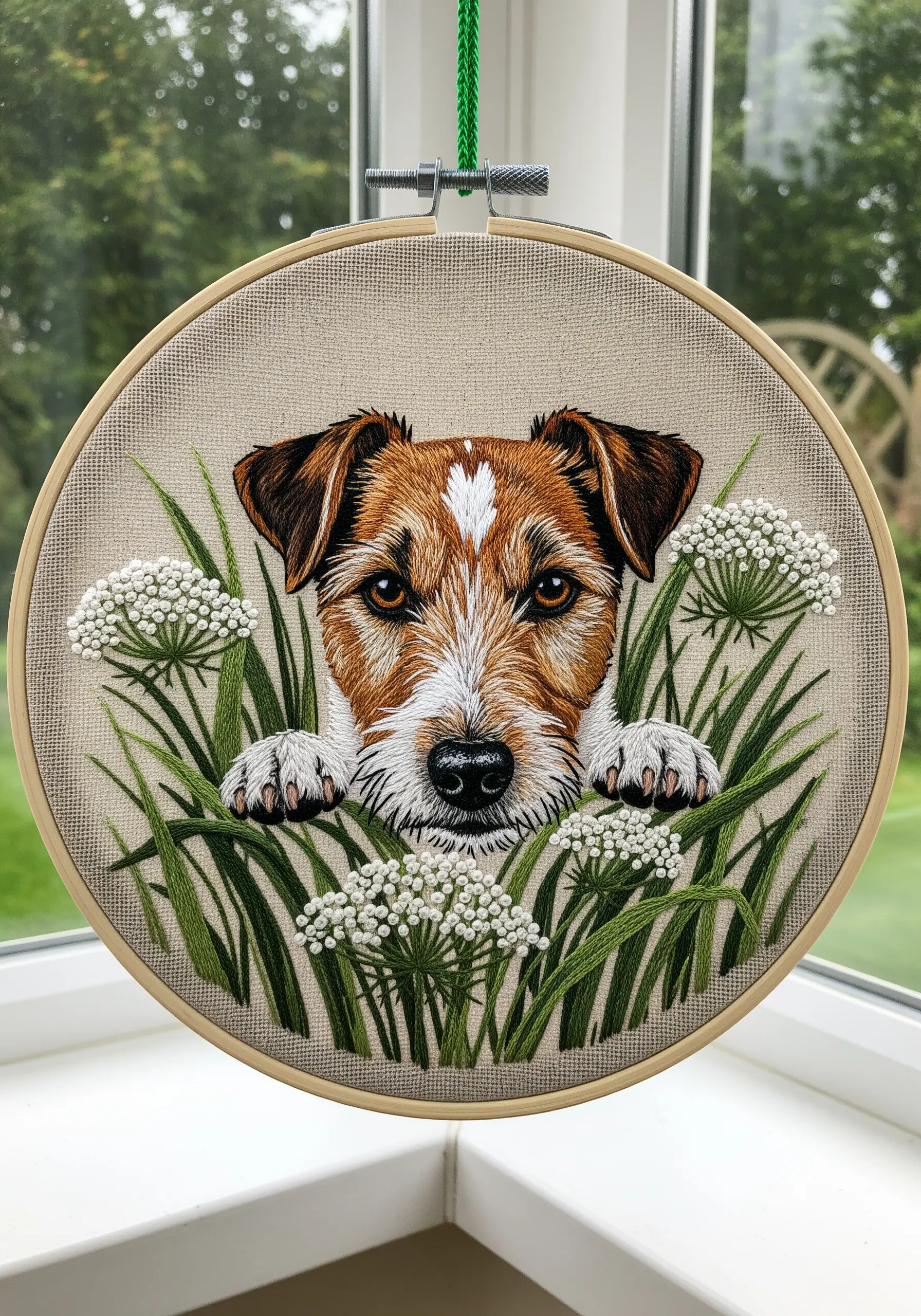 Embroidered Jack Russell terrier peeking through tall green grass and white Queen Anne's Lace.