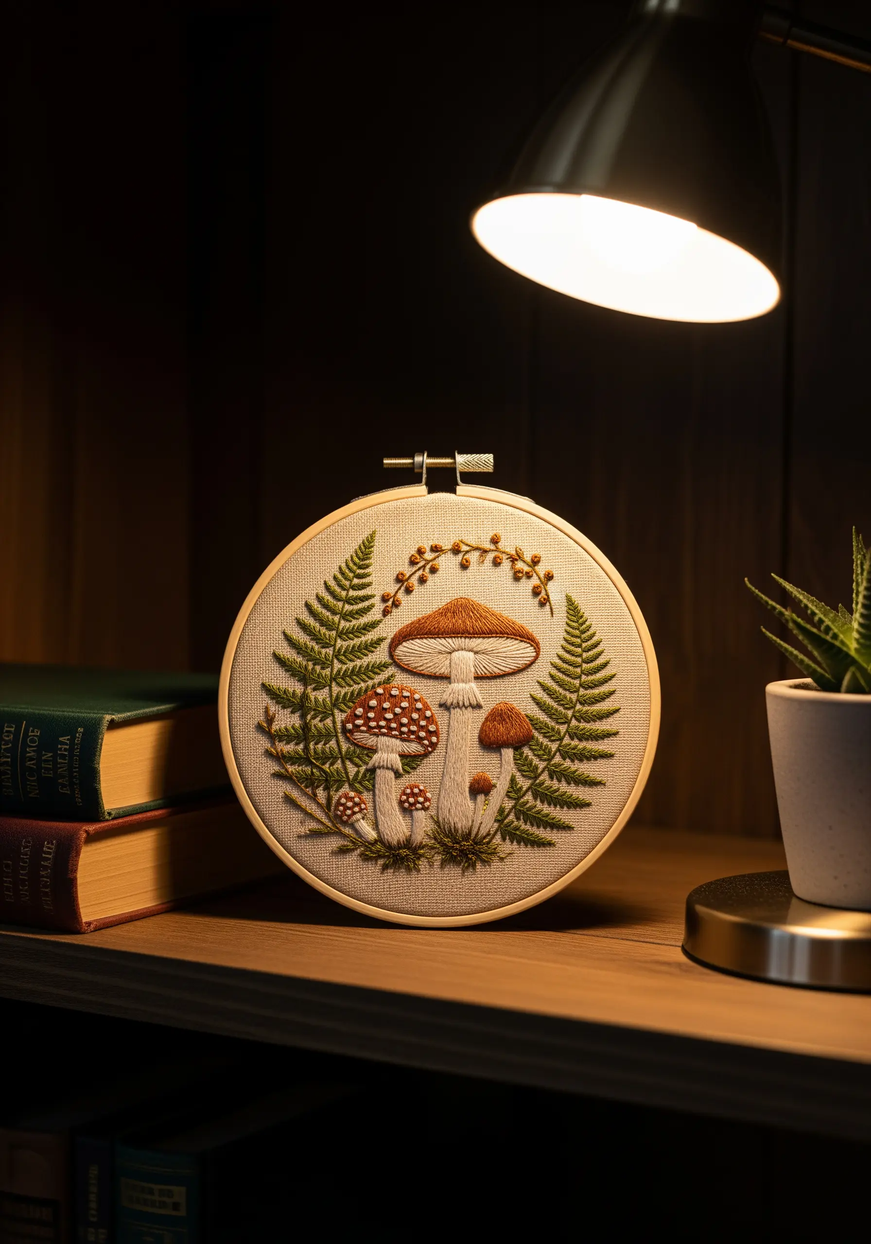 Embroidery hoop art of mushrooms and ferns on a wooden shelf next to books.