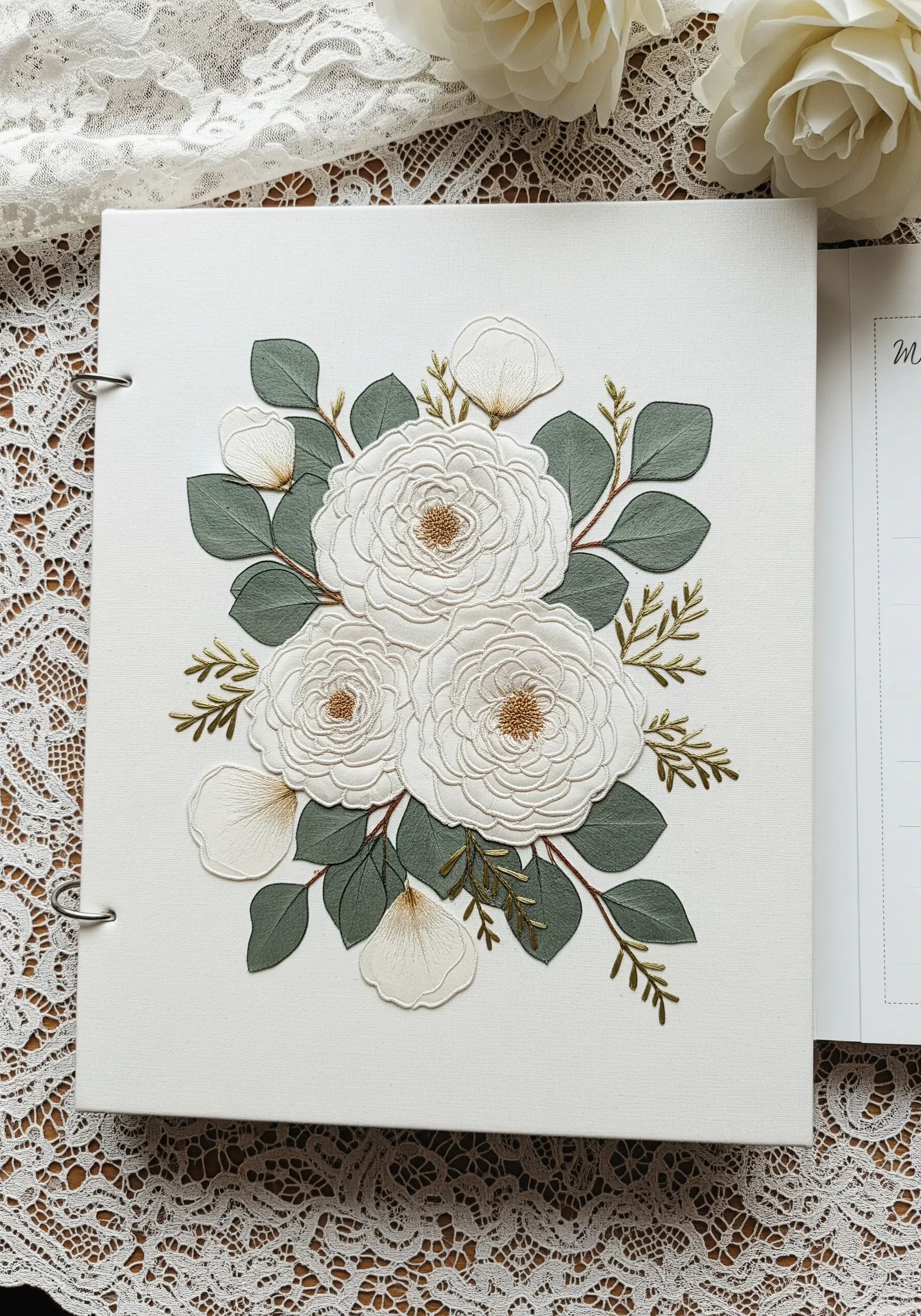 A bouquet of 3D white roses and green leaves embroidered on the cover of a white binder.