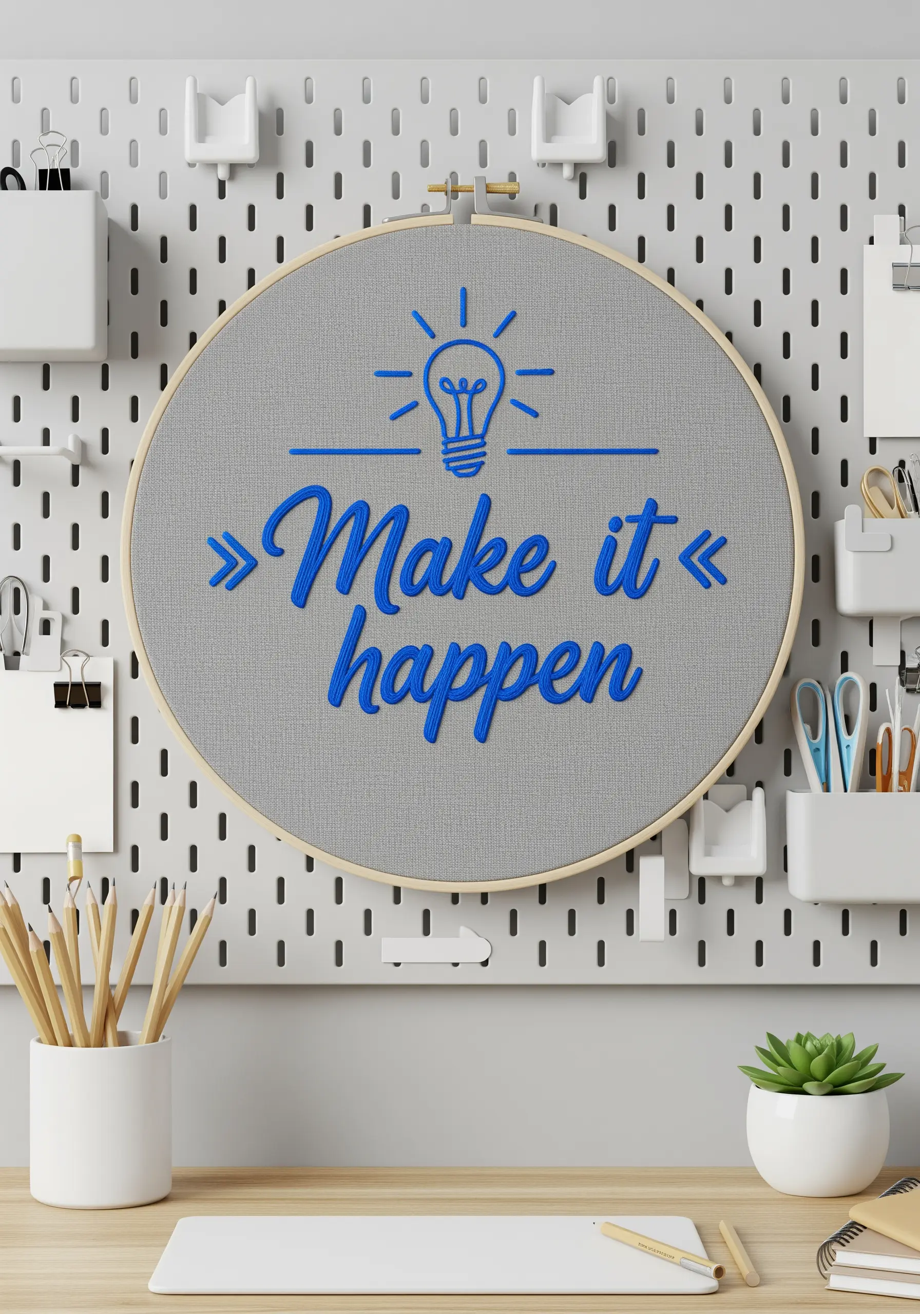 Embroidered “Make it happen” quote with a blue 3D shadow effect on grey fabric.