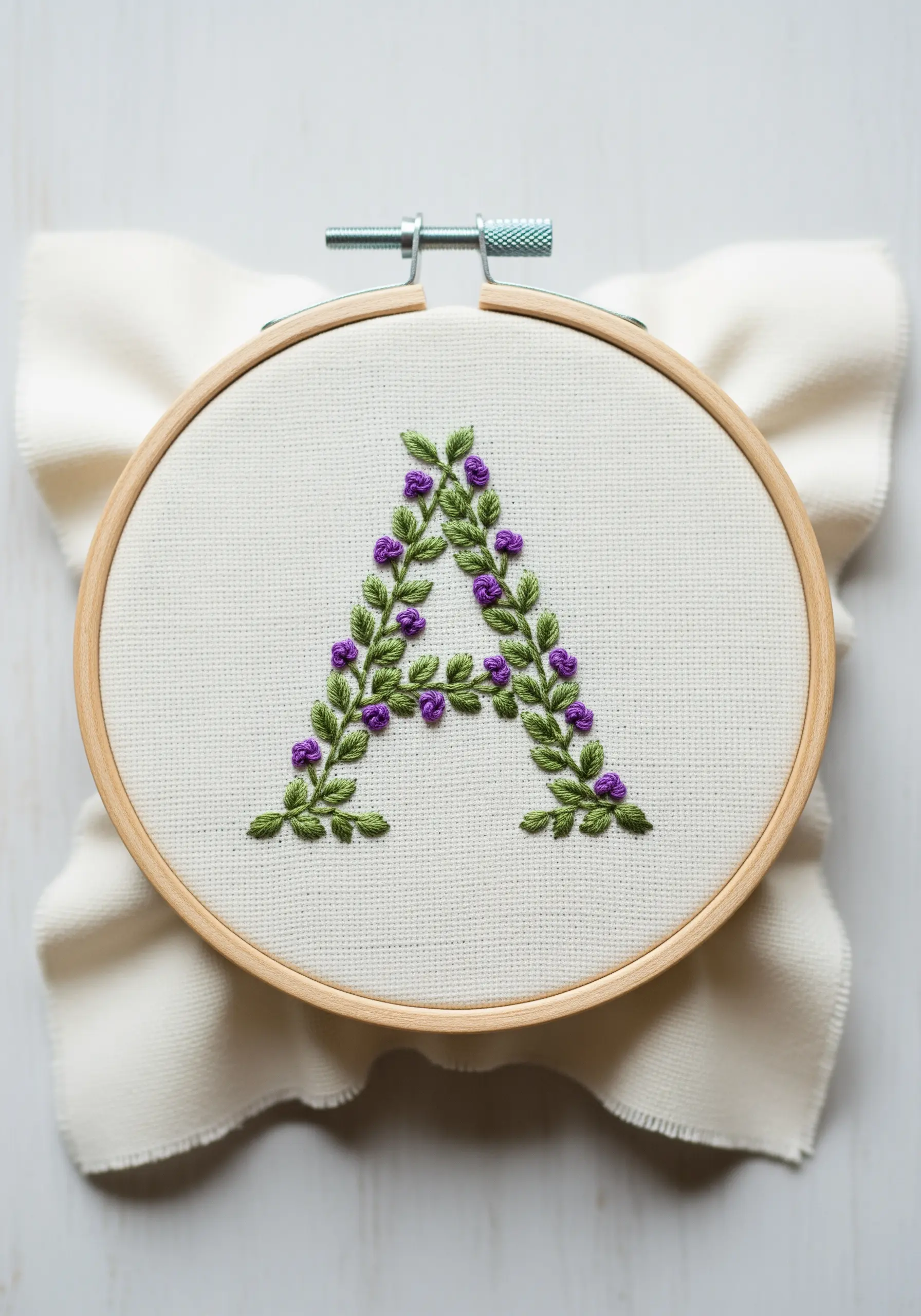 The letter 'A' formed from embroidered green vines and purple French knot berries.