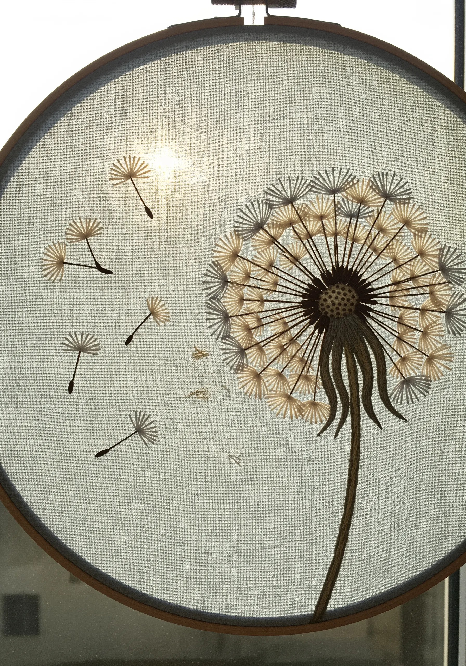 A dandelion seed head embroidered on sheer fabric, backlit by sunlight.