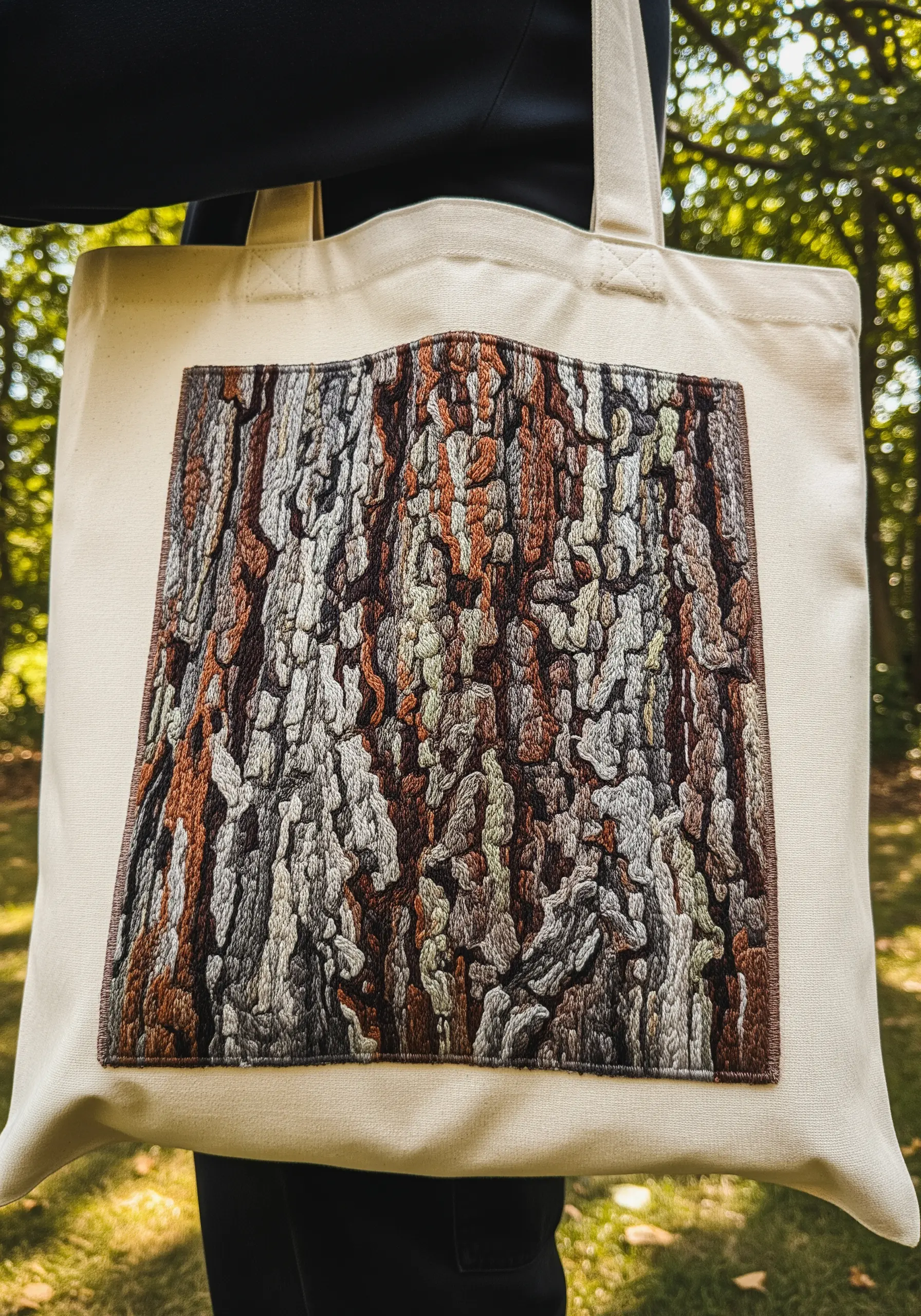 A detailed, thread-painted bark embroidery patch sewn onto a canvas tote bag.