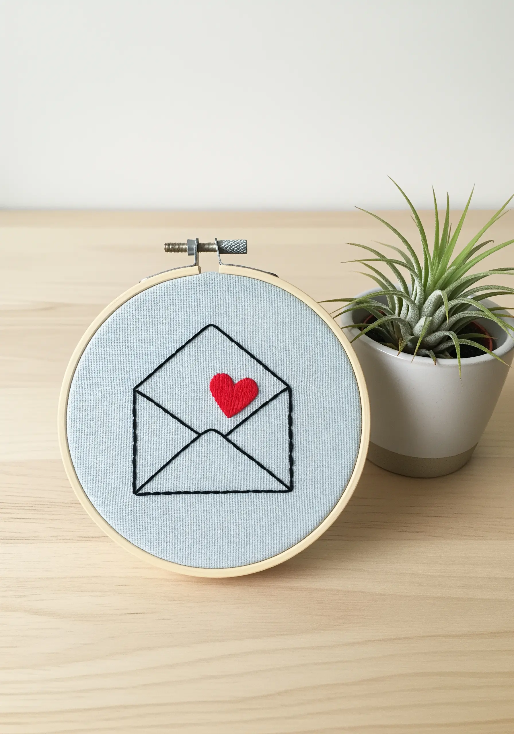 A line-art envelope with a small, solid red satin-stitched heart inside.