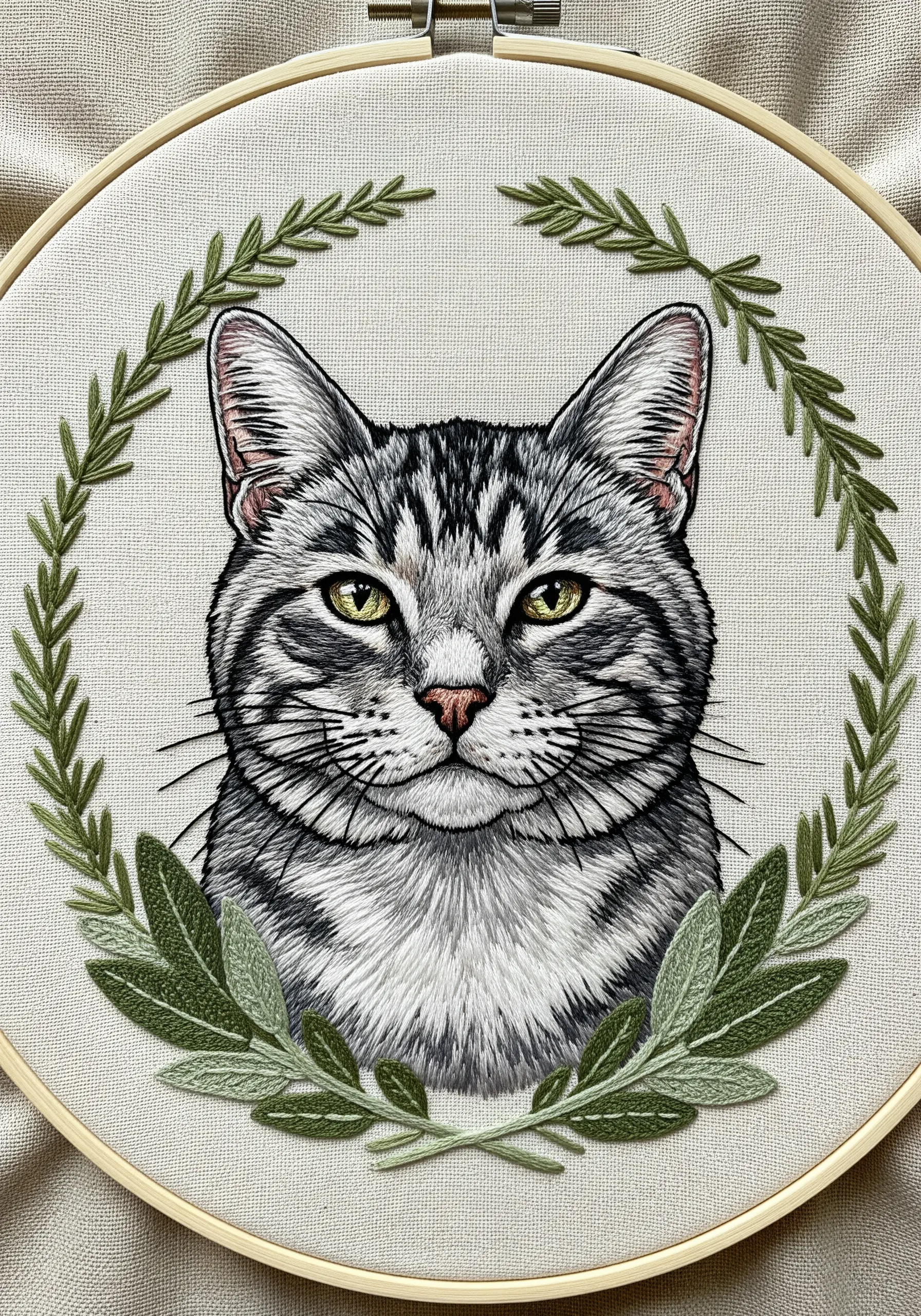A realistic, thread-painted grey tabby cat portrait in a green laurel wreath.