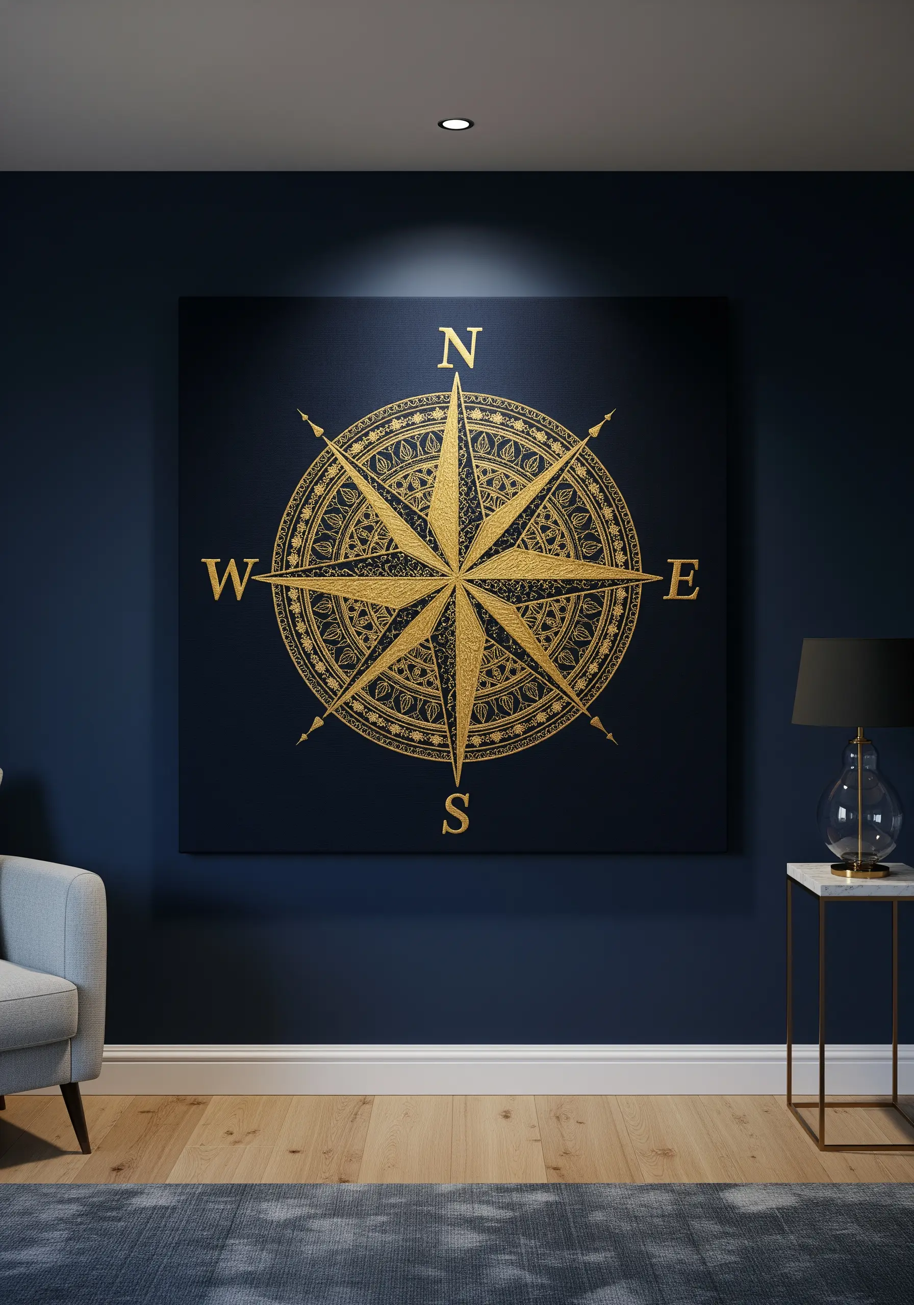 A large, intricate gold metallic thread embroidery of a compass rose on a navy blue canvas.
