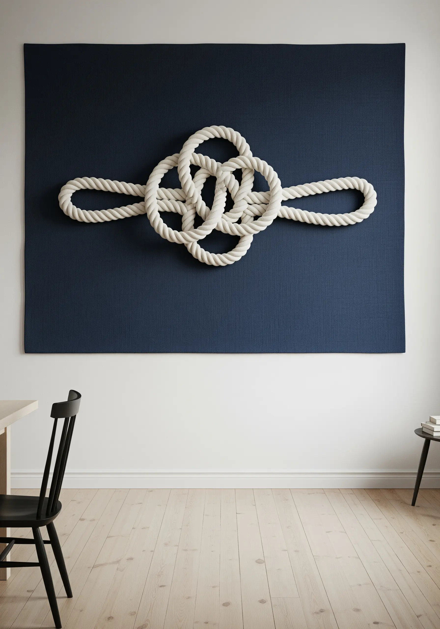 A large navy blue canvas featuring a sculptural white rope tied in an intricate nautical knot.