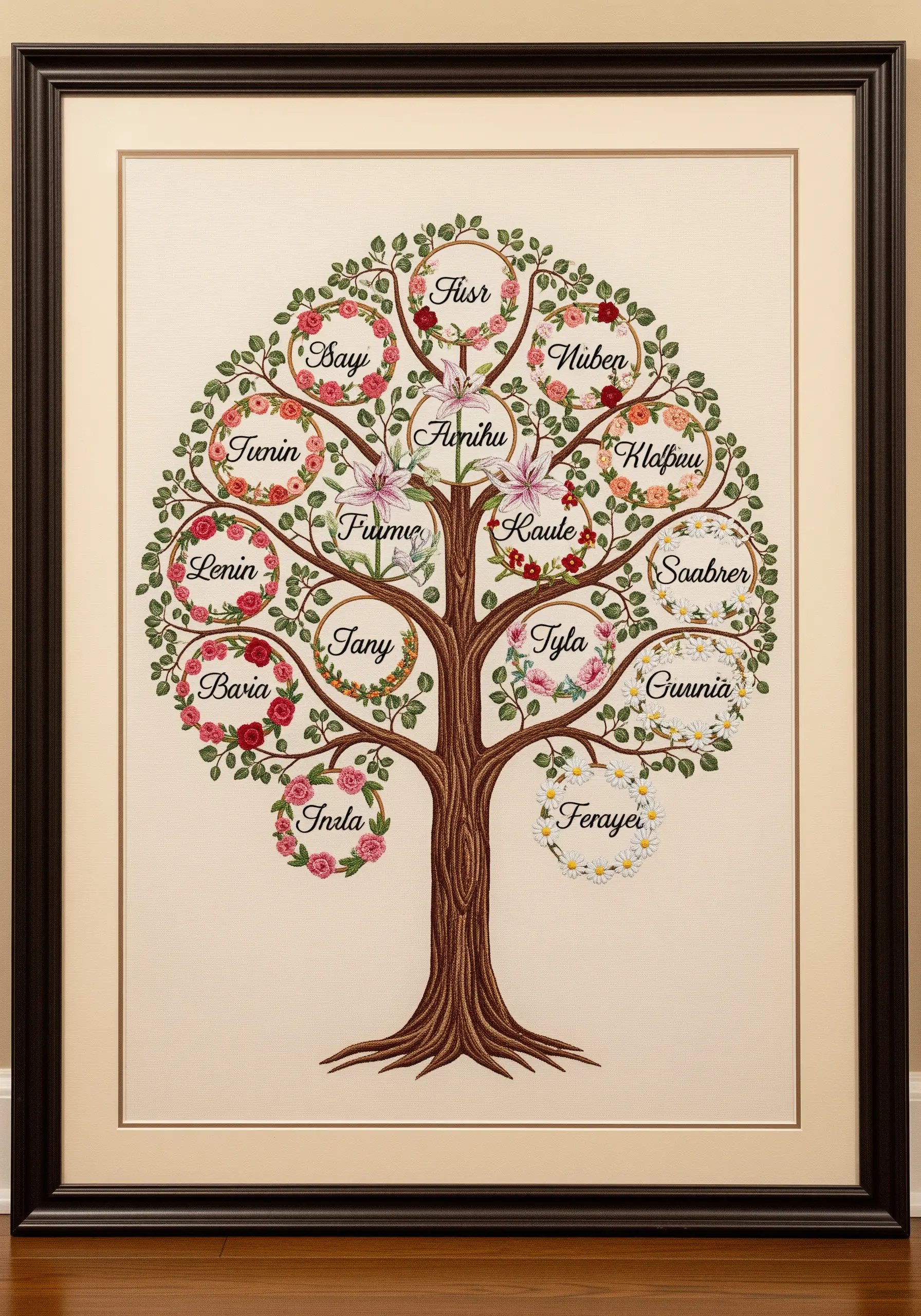 An embroidered family tree where each name is encircled by a unique miniature floral wreath.