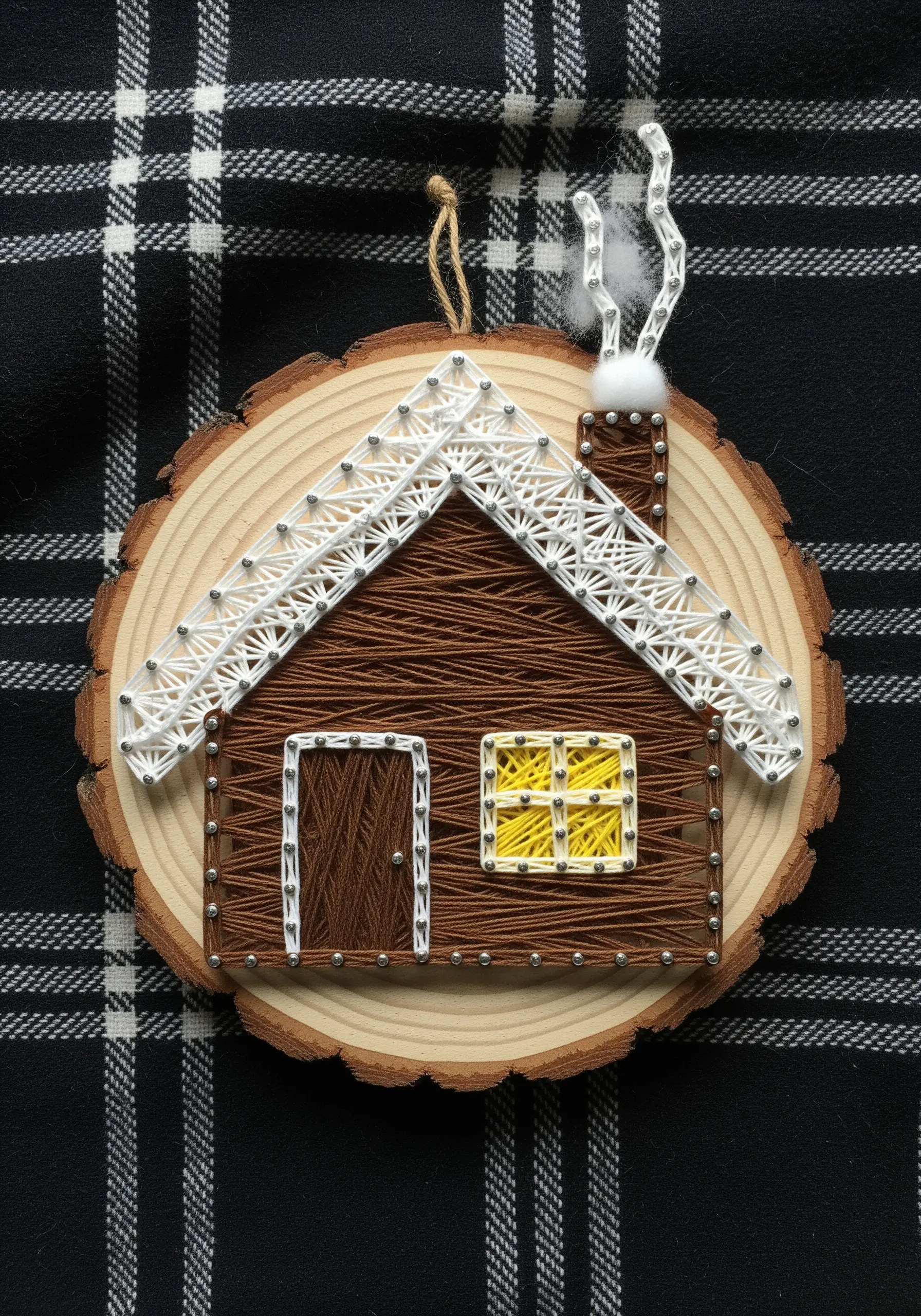 String art of a cozy house with a smoking chimney on a wood slice.