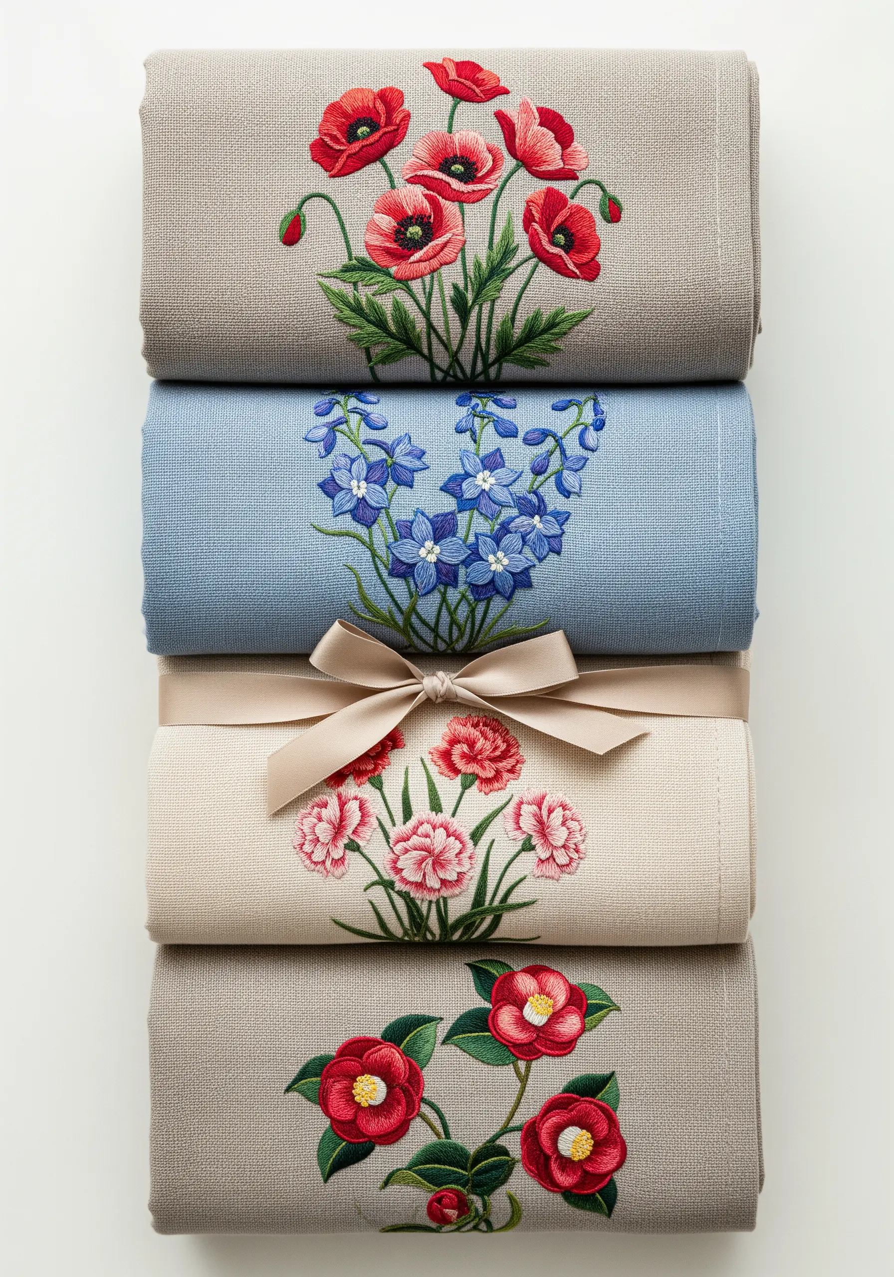 Four folded linen napkins, each with a different embroidered floral bouquet.