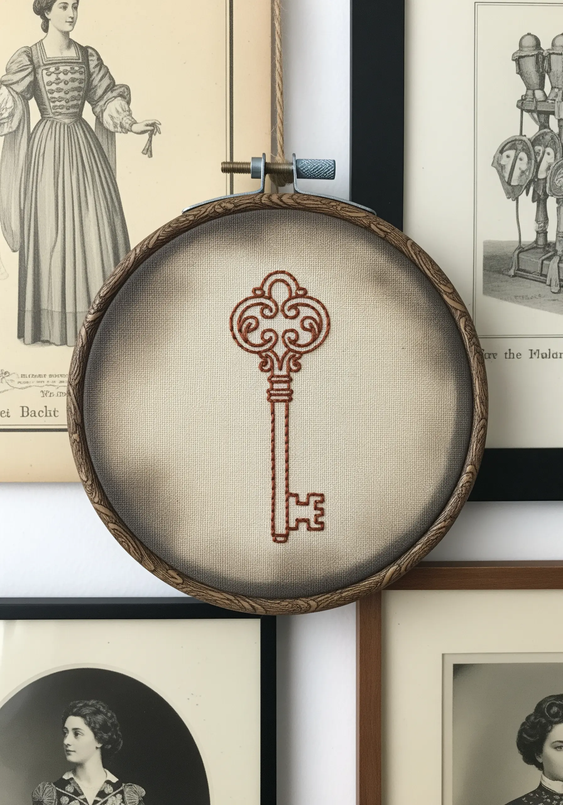An ornate vintage key embroidered in reddish-brown thread on tea-dyed, aged fabric.