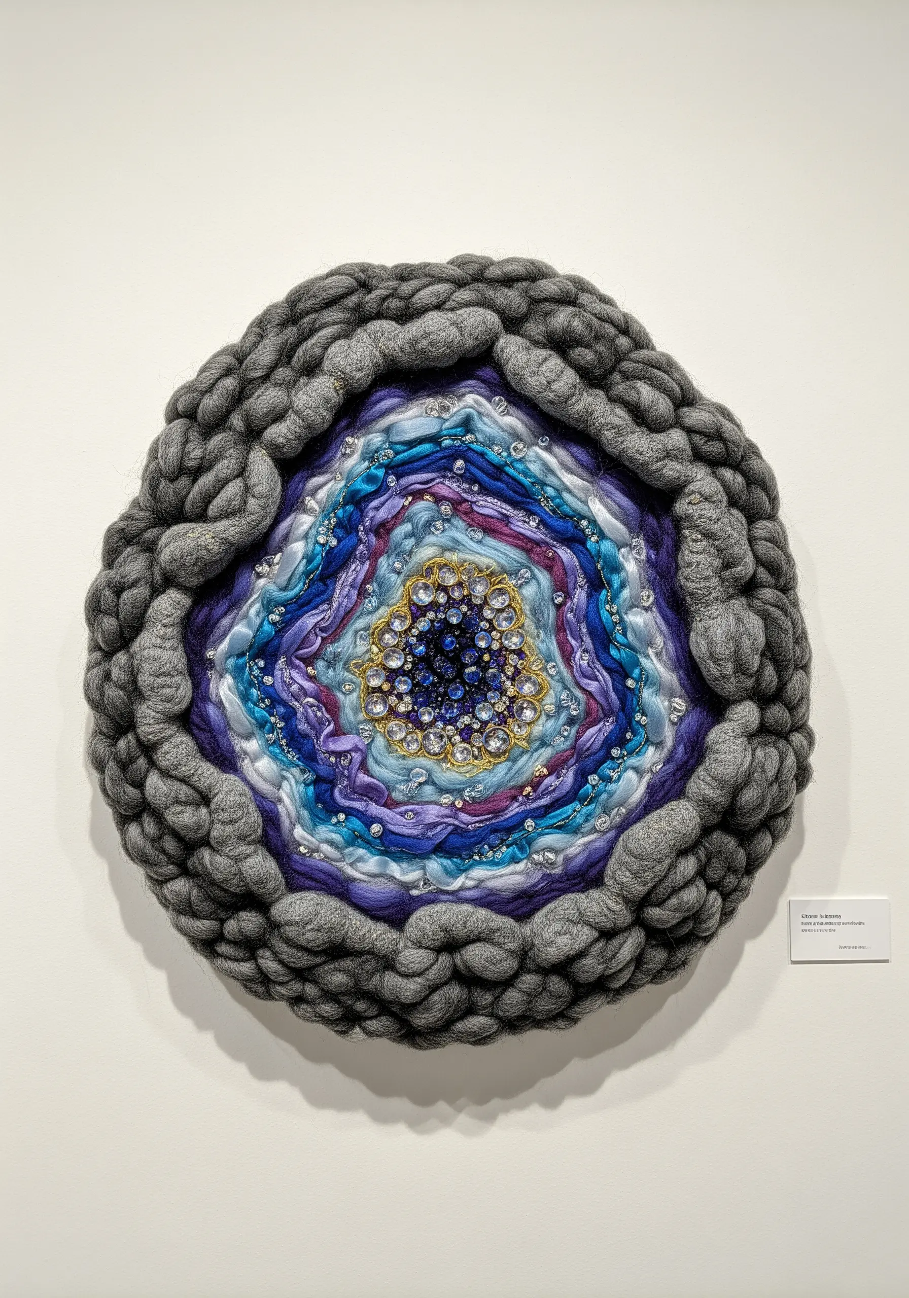 A circular woven fiber art piece resembling a geode with chunky wool, silky threads, and crystals.