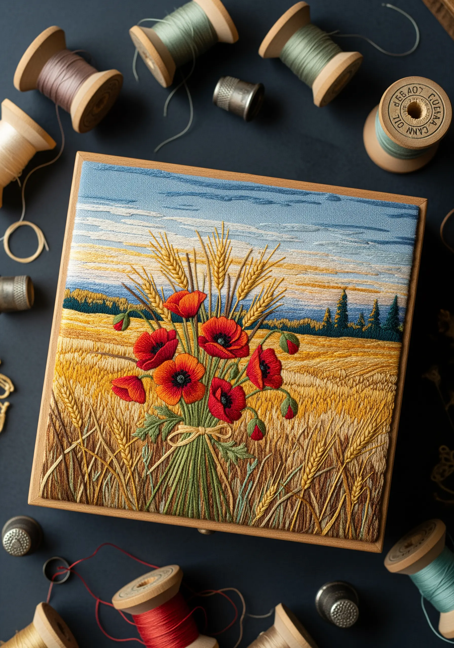 Embroidered red poppies in a golden wheat field under a blue sky on a box lid.