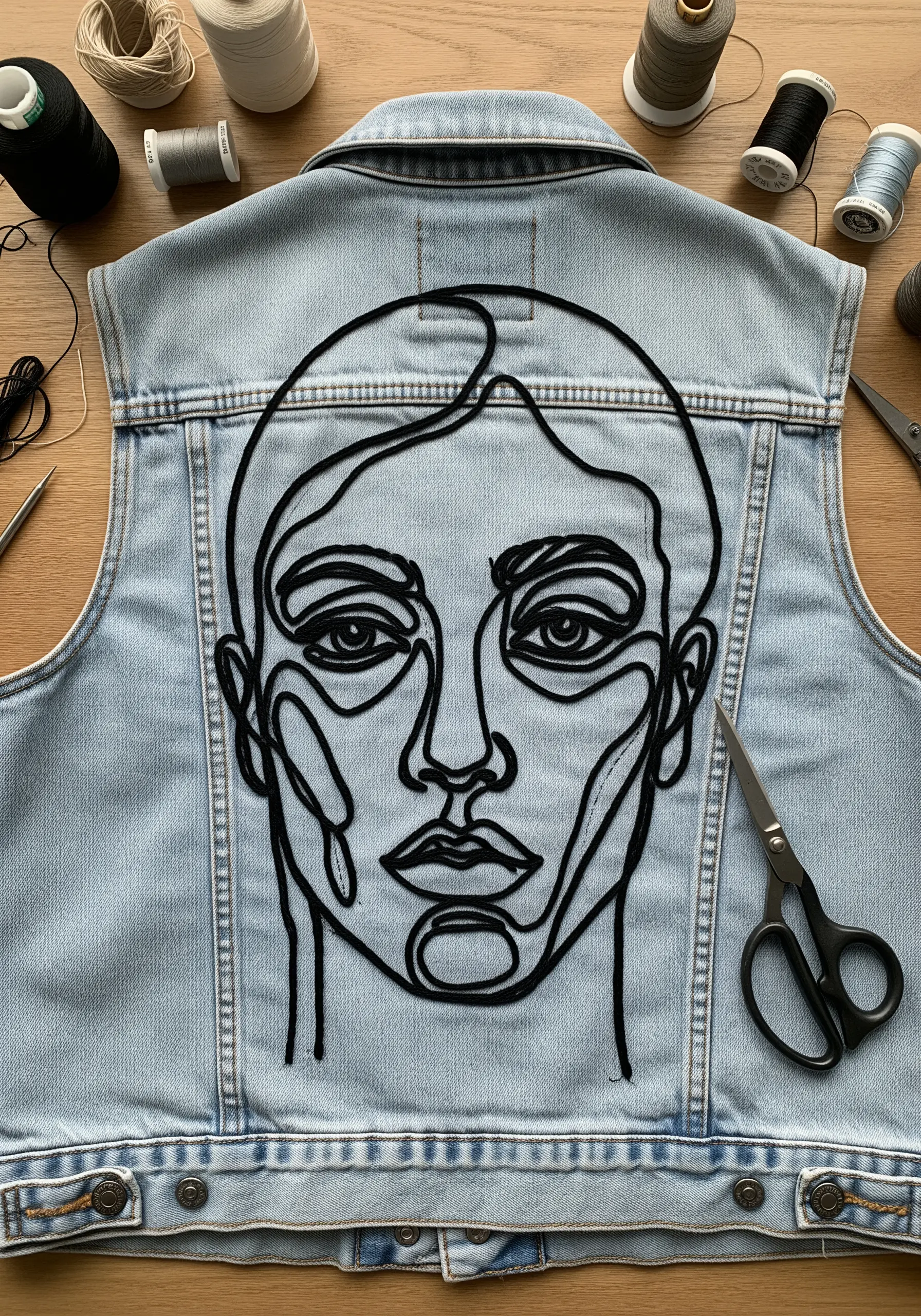 A large continuous line art portrait in thick black yarn on a denim vest.