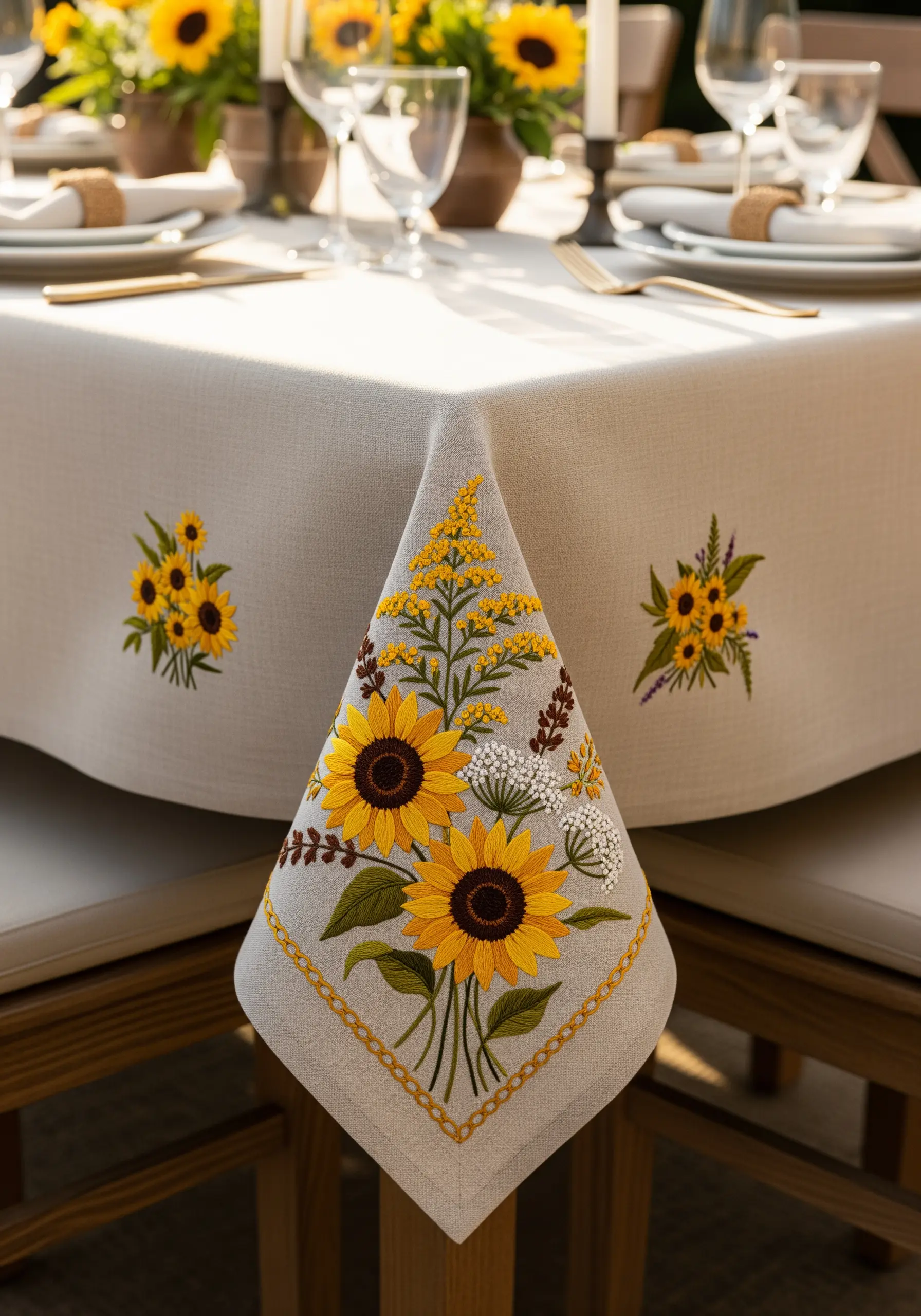 Sunflower bouquets embroidered on the corner and sides of a linen tablecloth.