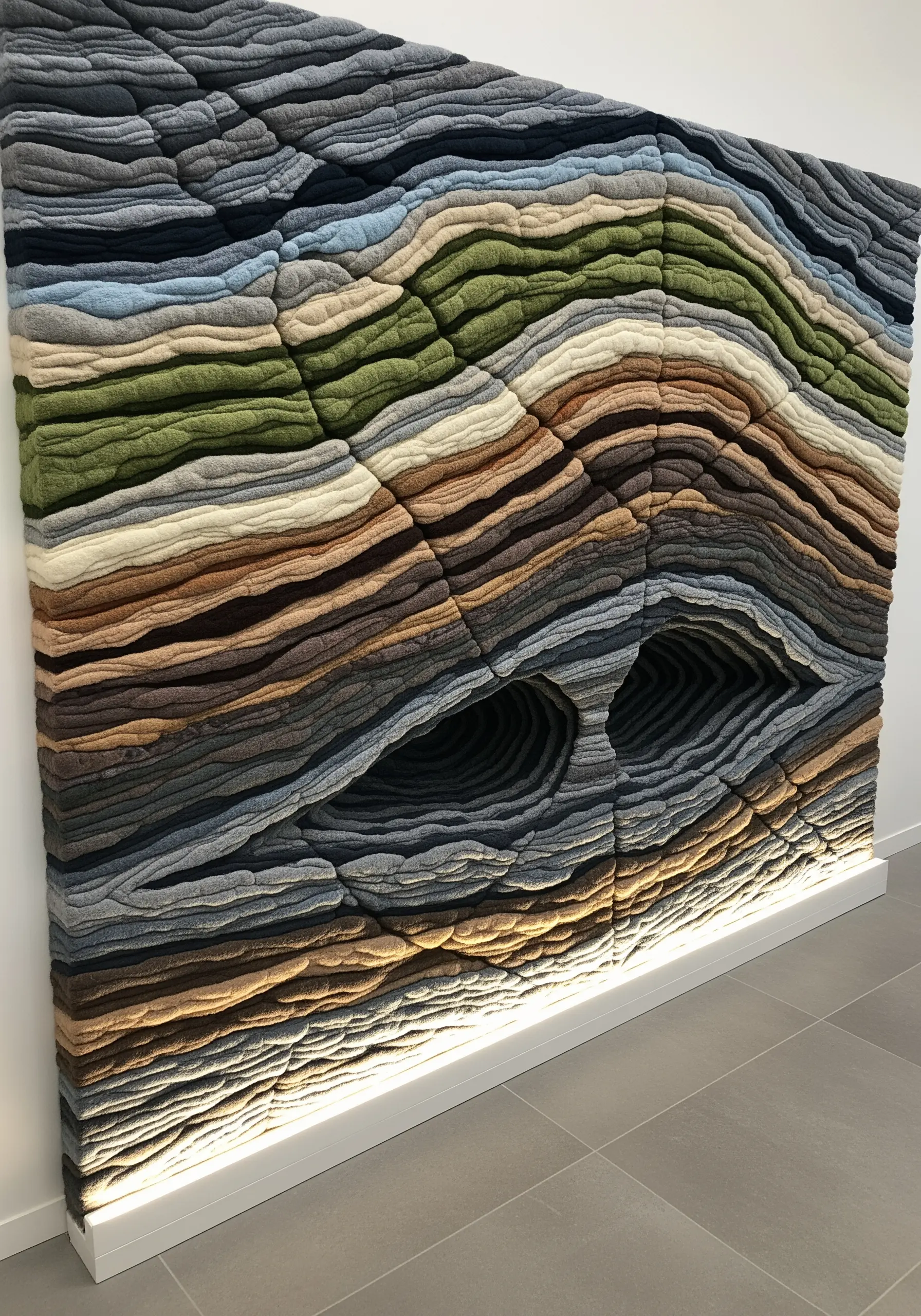 A large, quilted textile wall art piece with wavy layers of color resembling rock strata.