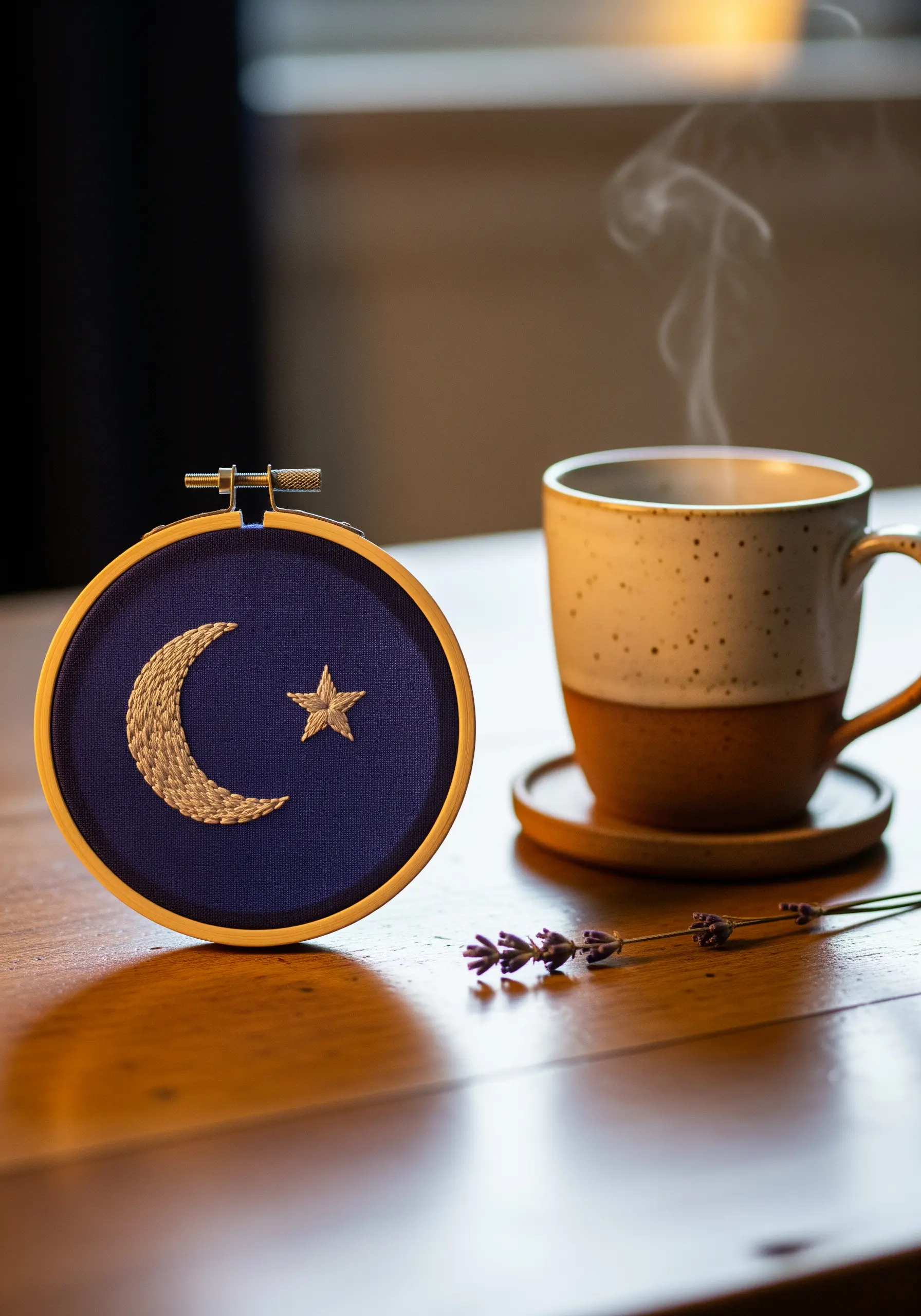 A crescent moon in textured white stitches next to a metallic thread star on blue fabric.