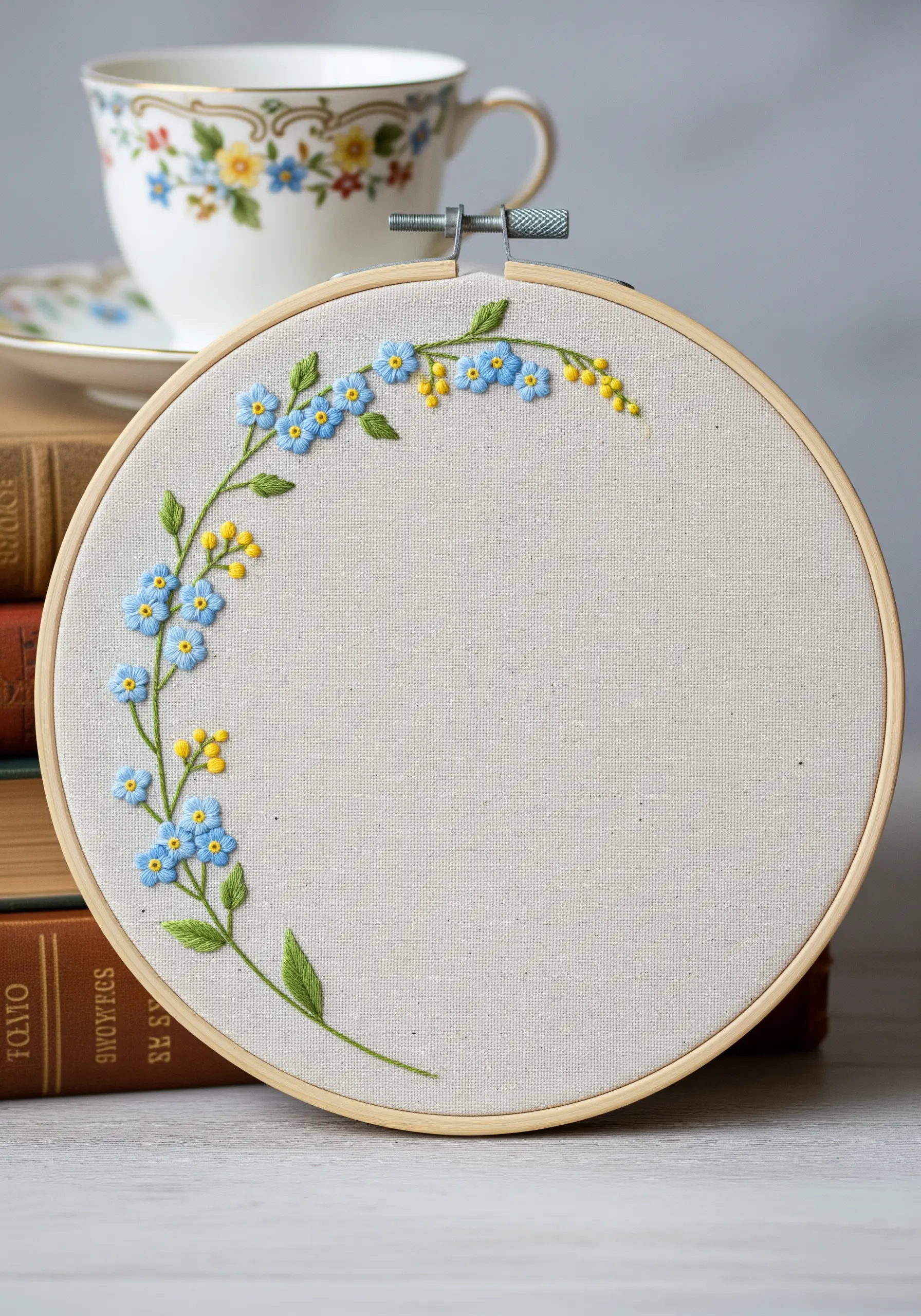 A delicate crescent of embroidered blue forget-me-nots with yellow centers on off-white linen.