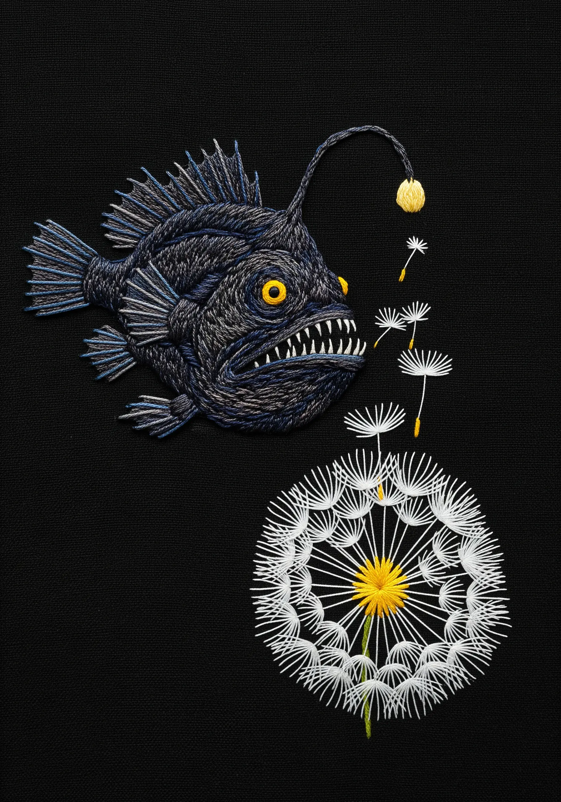 A textured anglerfish embroidered on black fabric, with a glowing lure and floating dandelion seeds.