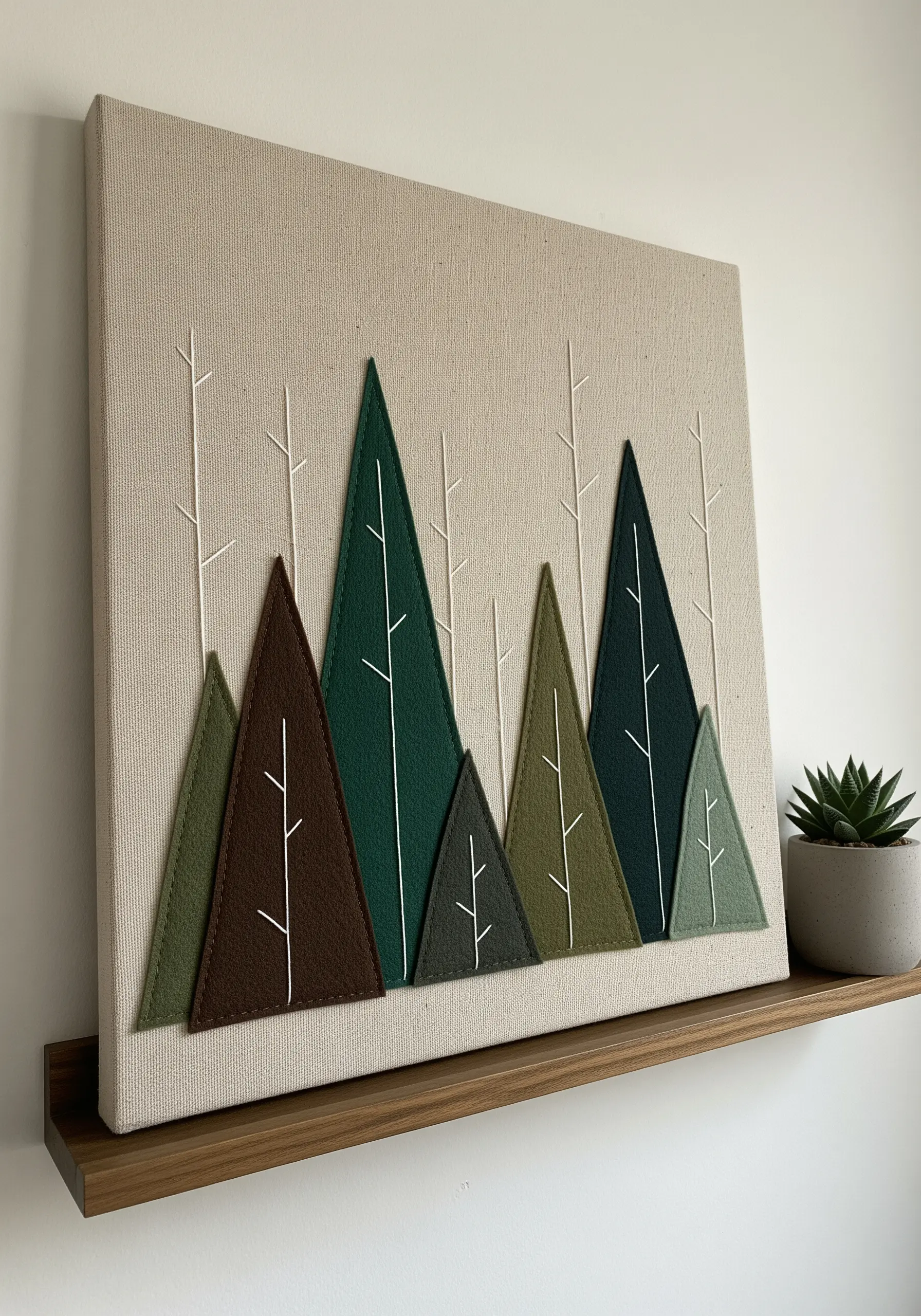 Wall art with layered felt triangles forming a modern forest scene on canvas.