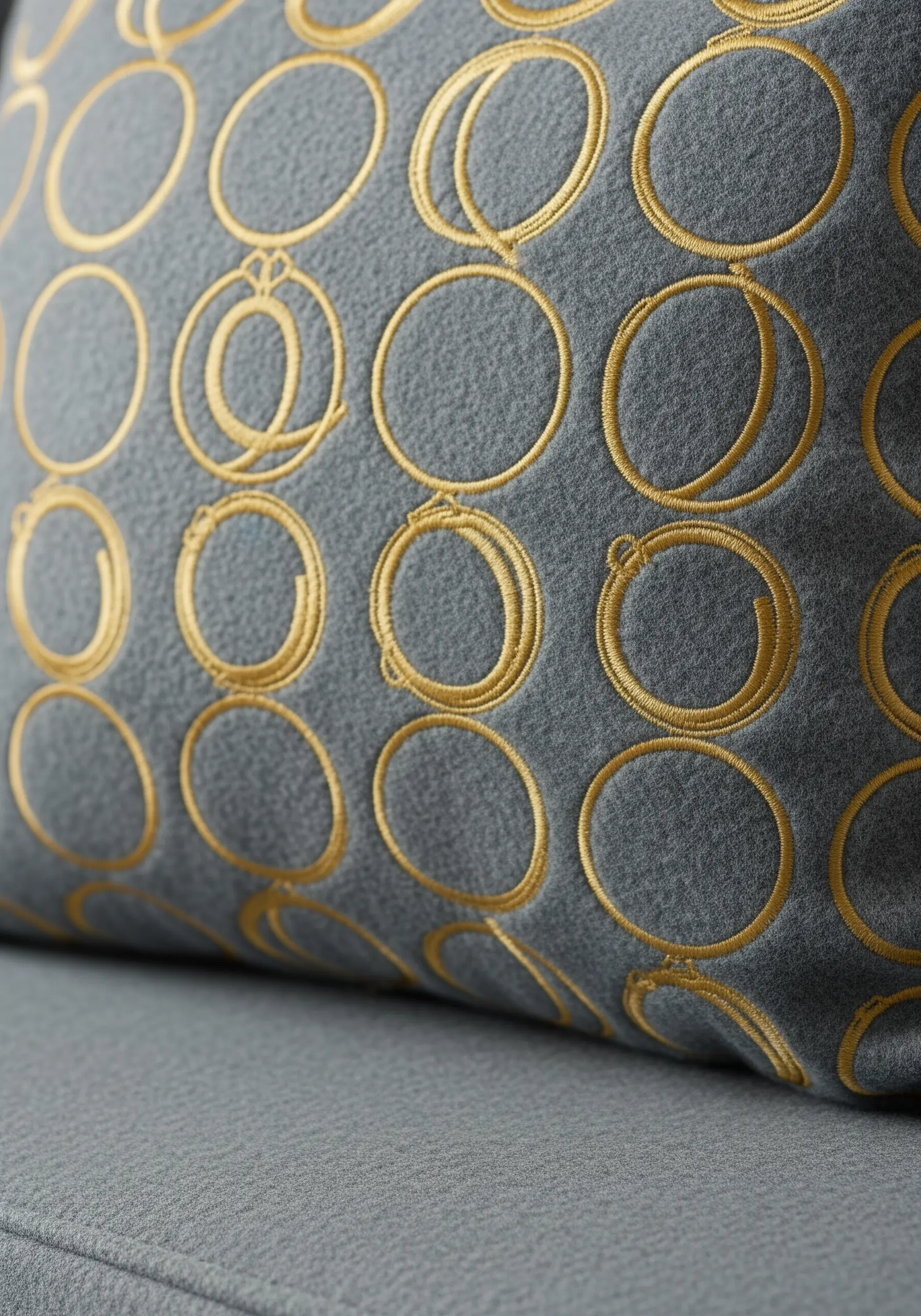 Overlapping gold thread rings embroidered on a grey felt cushion.