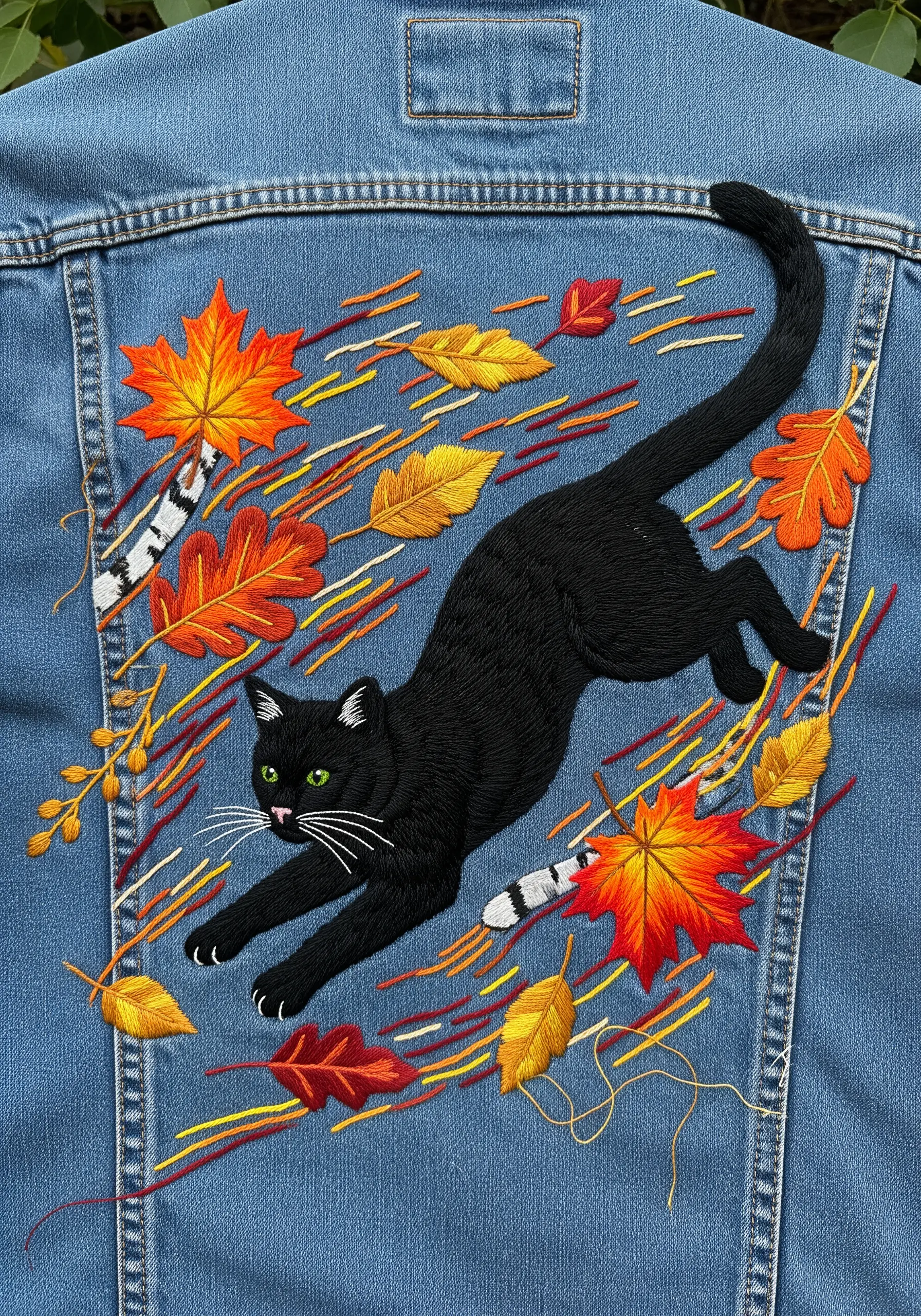 Black cat embroidered on denim, leaping through dynamic autumn leaves.
