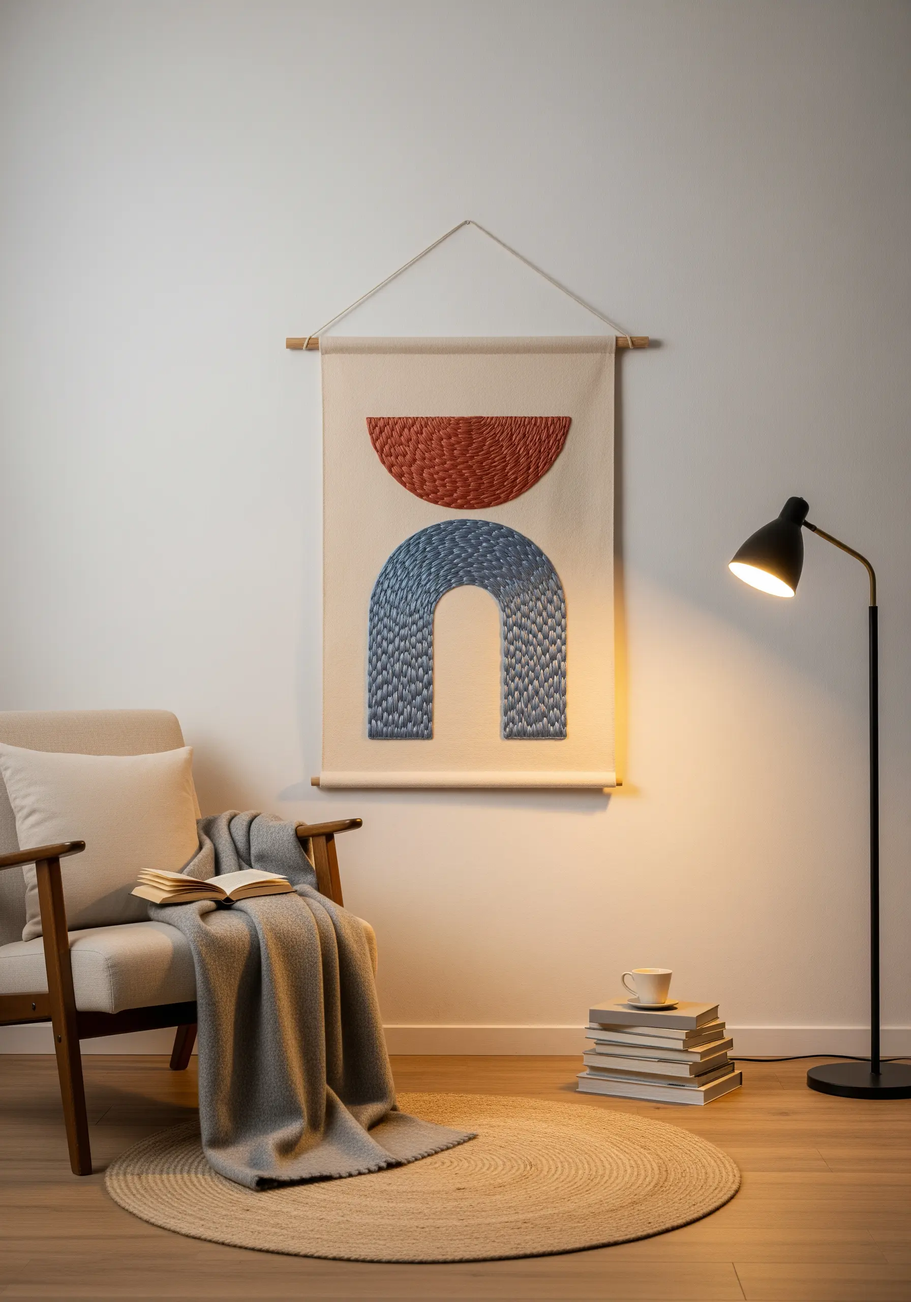 Abstract geometric wall hanging with textured fills in terracotta and blue.