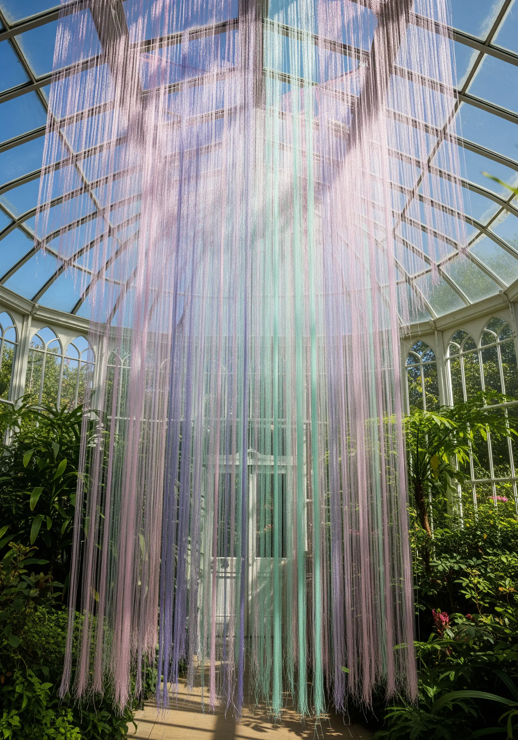 A cascade of pastel pink, purple, and green threads hanging from the ceiling of a greenhouse.