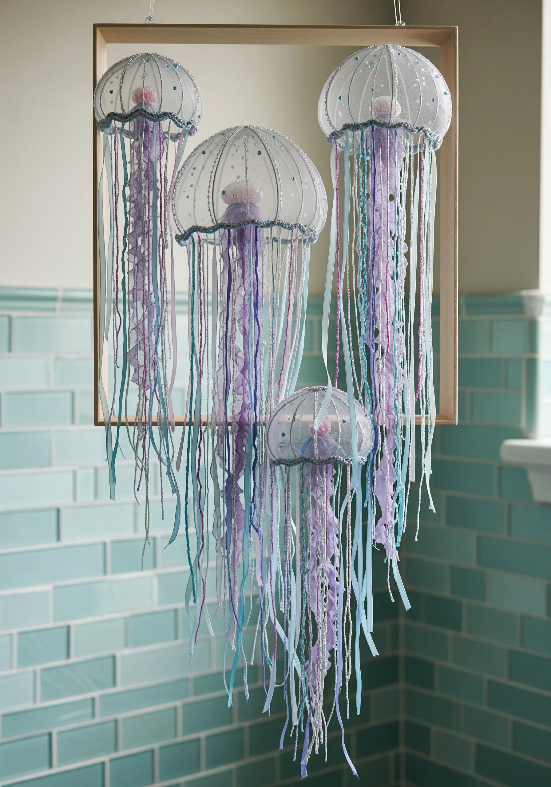 Three-dimensional hanging jellyfish made from tulle, ribbons, and beads in a bathroom setting.