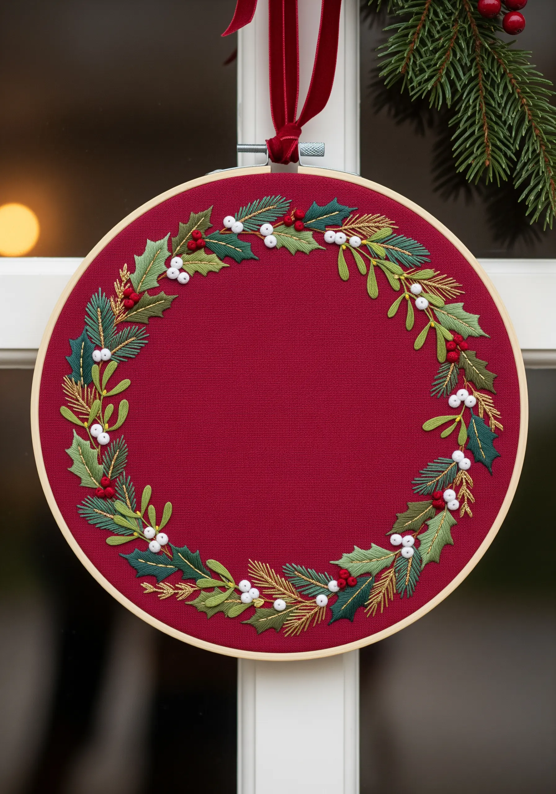 A festive embroidered winter wreath with holly, mistletoe, and gold accents on red fabric.