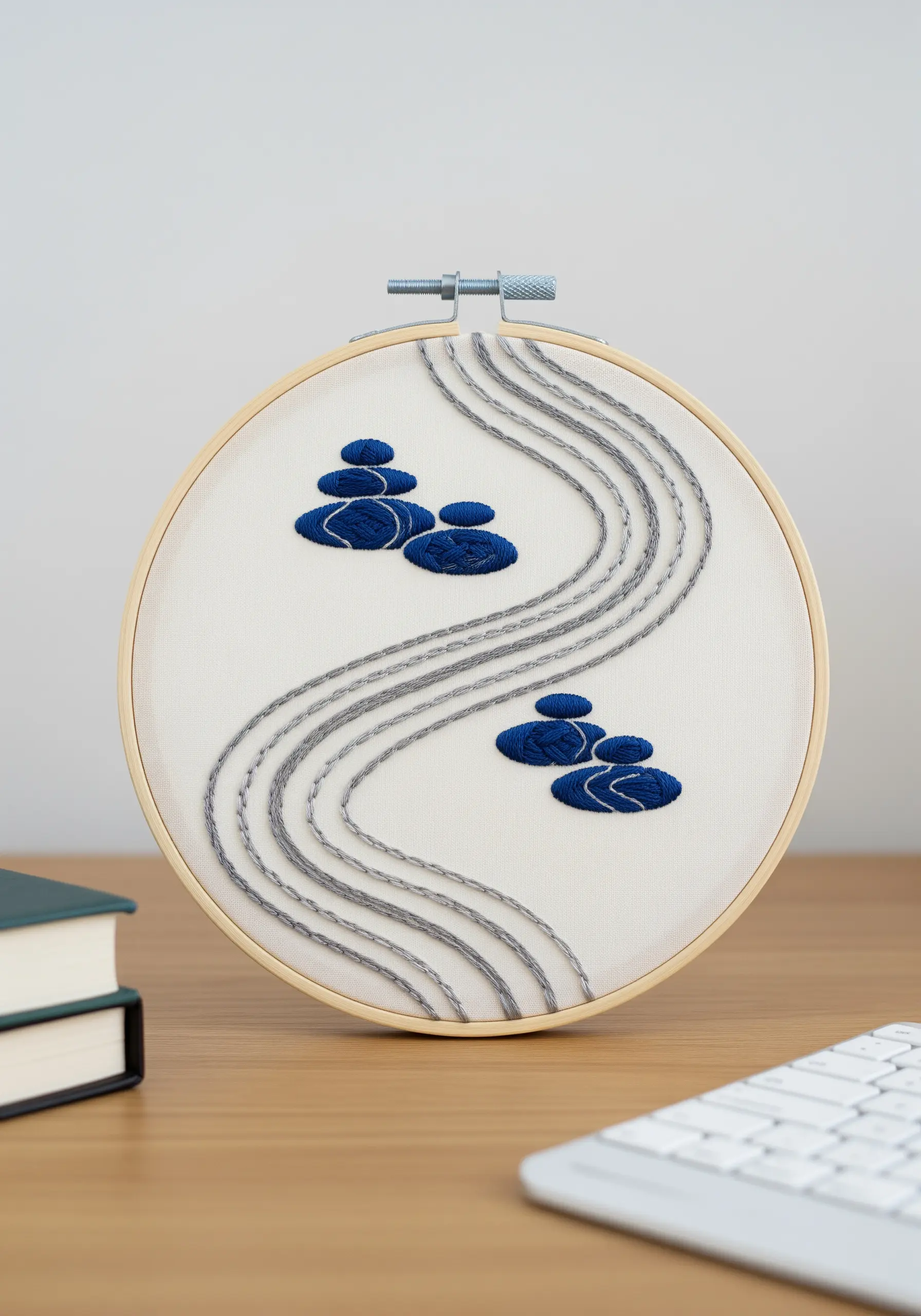 Zen garden embroidery with grey wavy lines and blue satin-stitched stones.