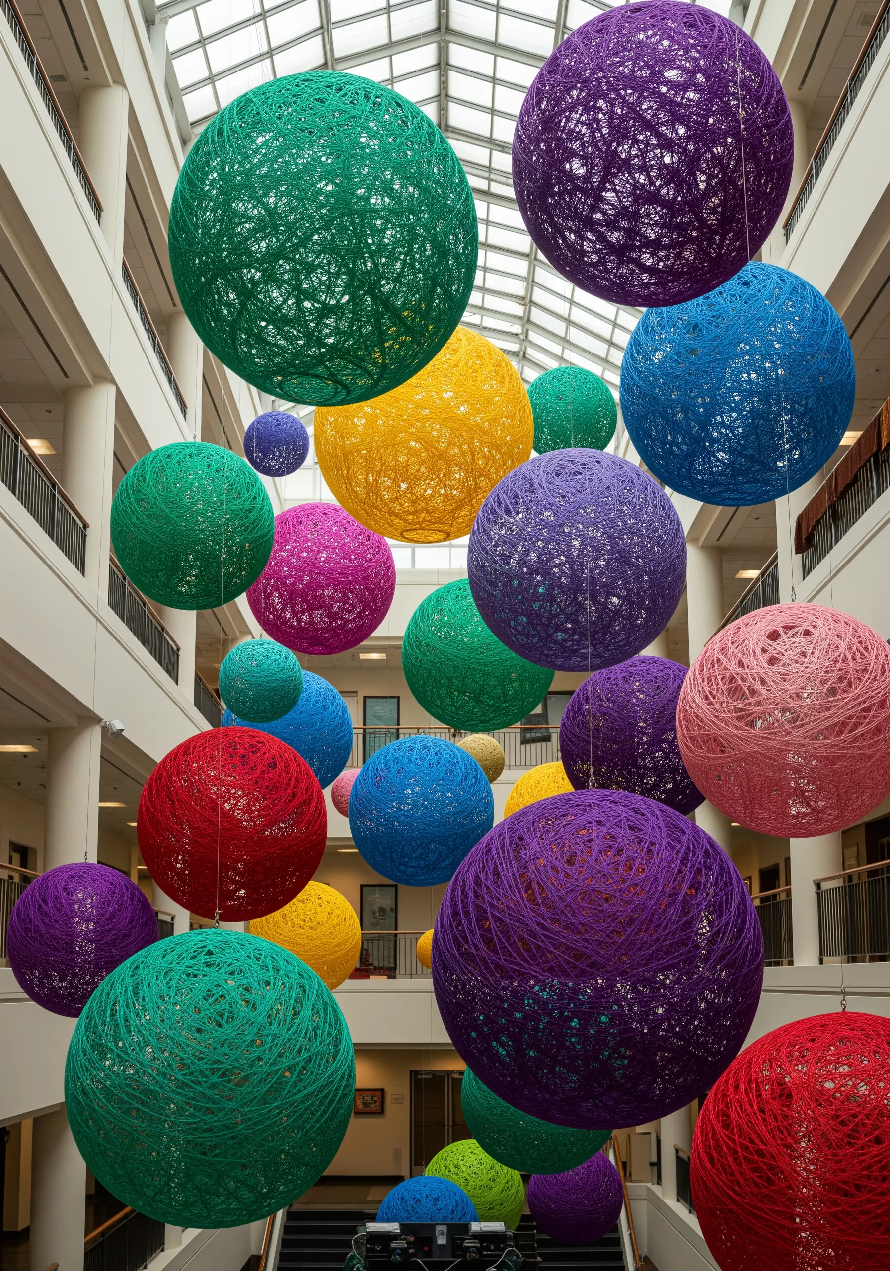 Large, colorful spheres made of tightly wrapped yarn hanging in the atrium of a building.