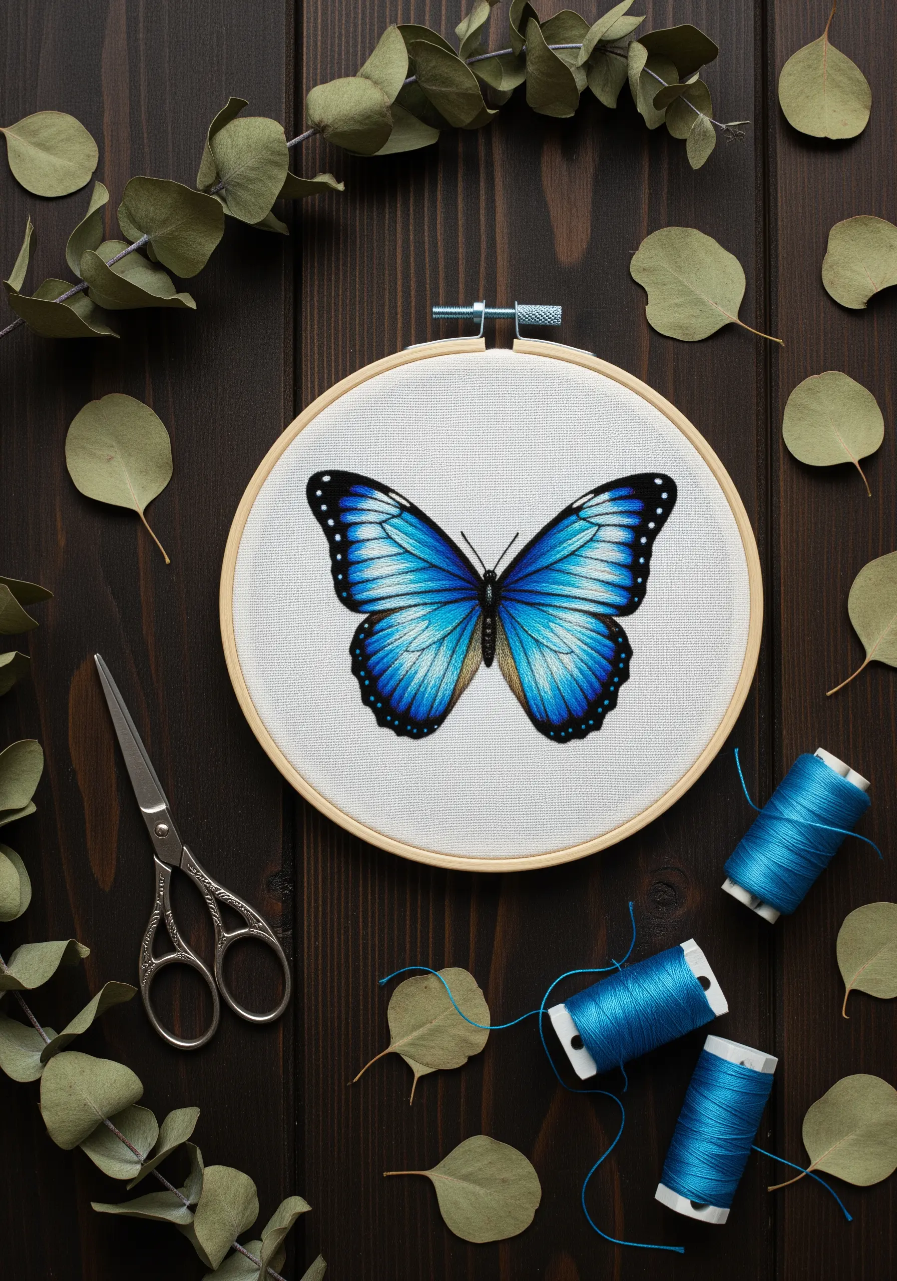 A vibrant Blue Morpho butterfly embroidered with blended blue threads.