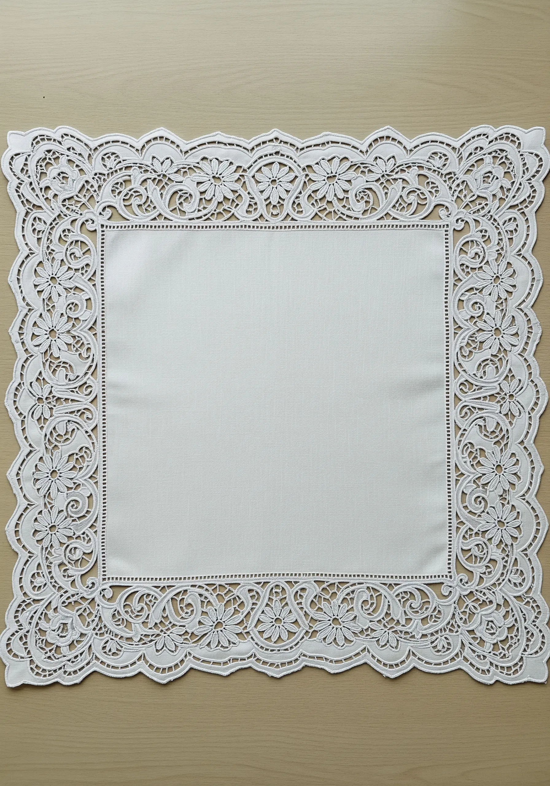 An intricate white cutwork border creating a lace-like effect on a linen placemat.