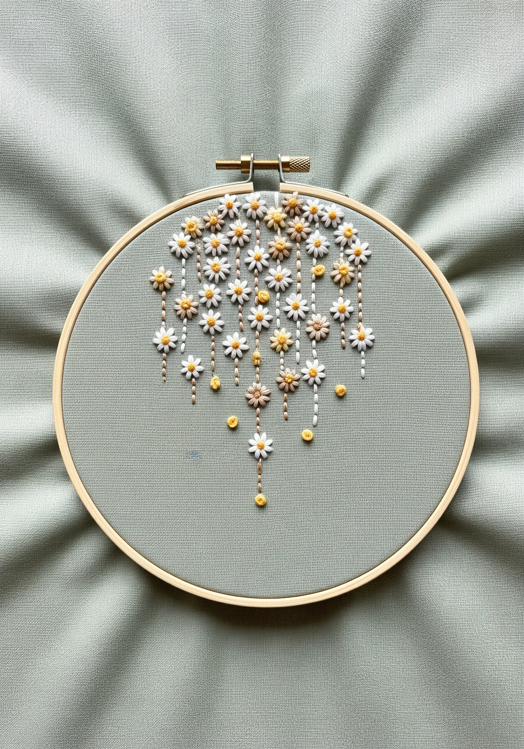 A cascade of small embroidered daisies with threads and beads hanging down.