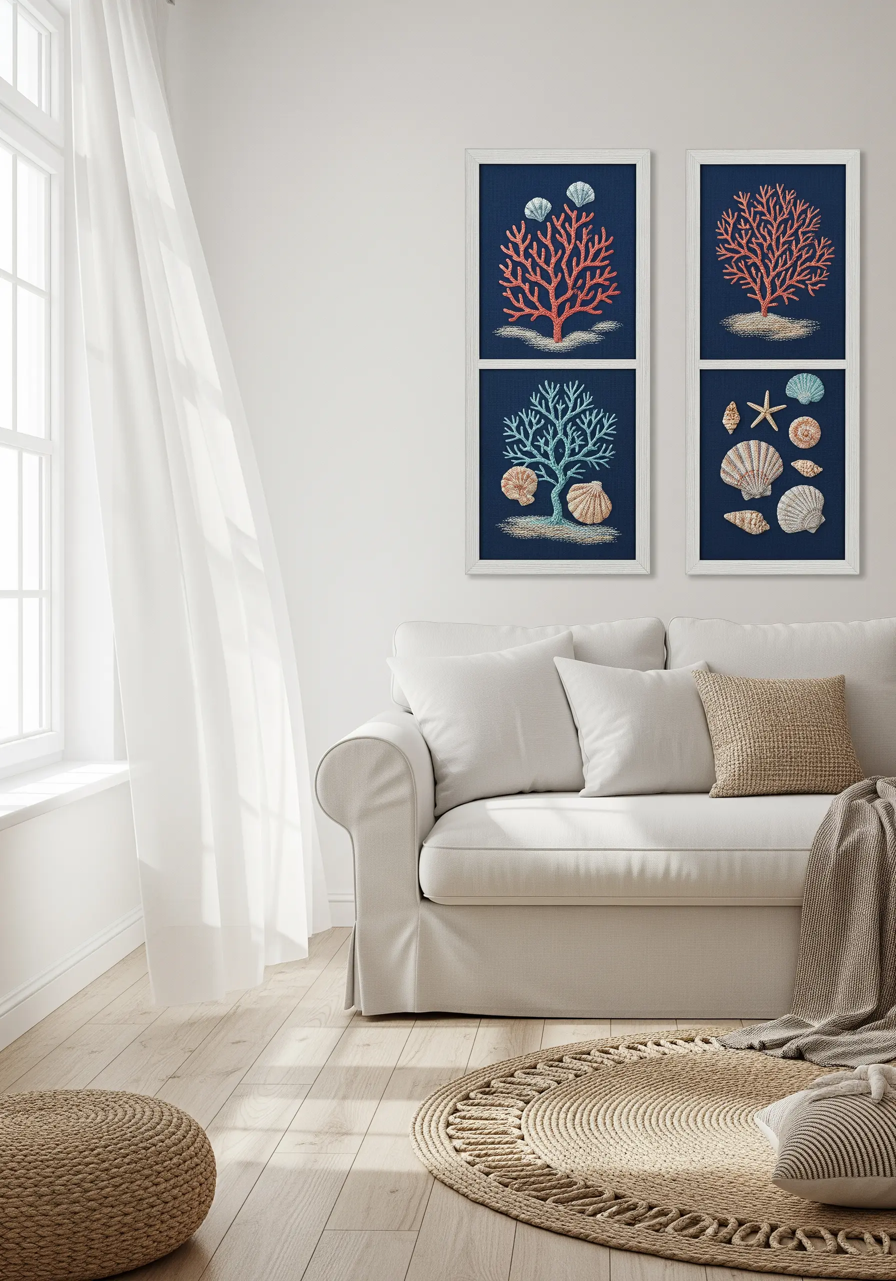 Vibrant coral and seashell embroidery on a dark navy blue background.